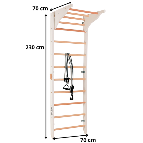 Sprossenwand mit Dip-Barren und abnehmbarer Klimmzugstange – Modell PRO PURE weiß, verstärkte Konstruktion für das Training zu Hause