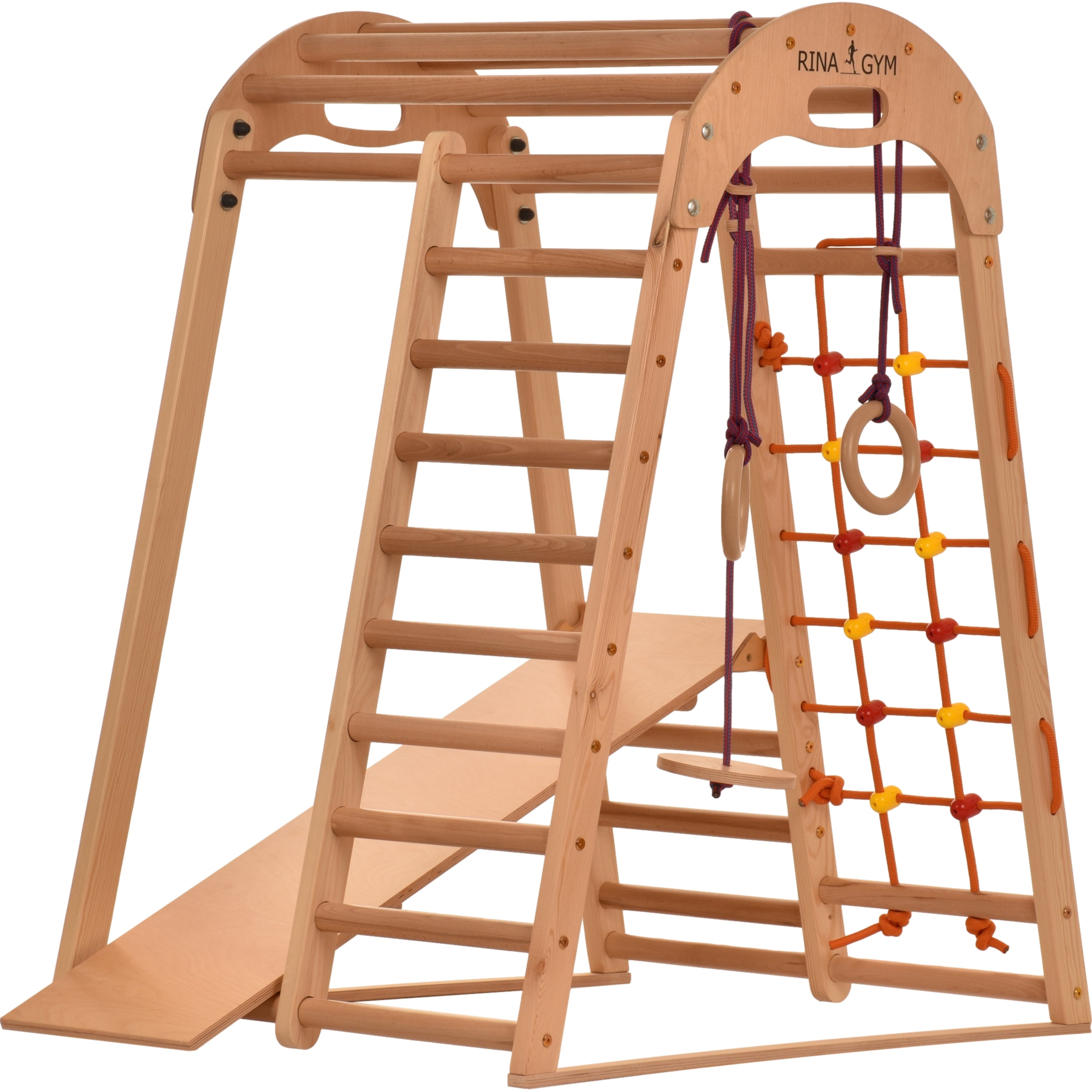 Climbing Triangle Wooden Indoor Playground for Children - Climbing Net, Swedish Ladder, Rings, Slide - Ideal for 1 to 5 years (Natural color)