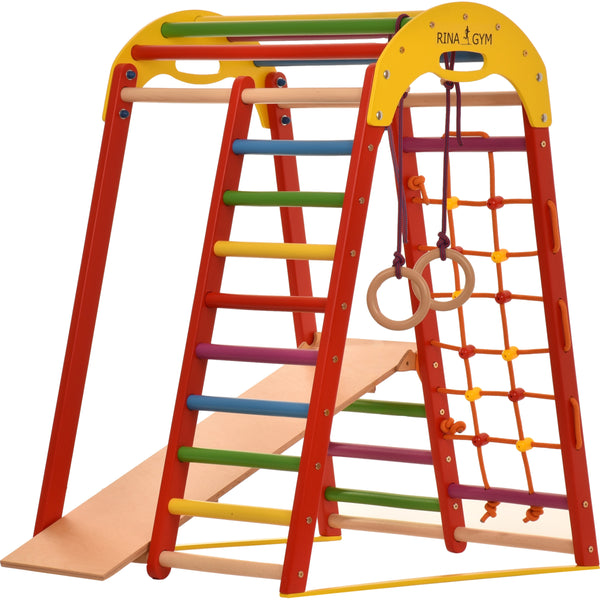 Compact Indoor Climbing Frame for Adults & Children – Wall Bars, Net & Rings – Home Fitness Equipment (Red)