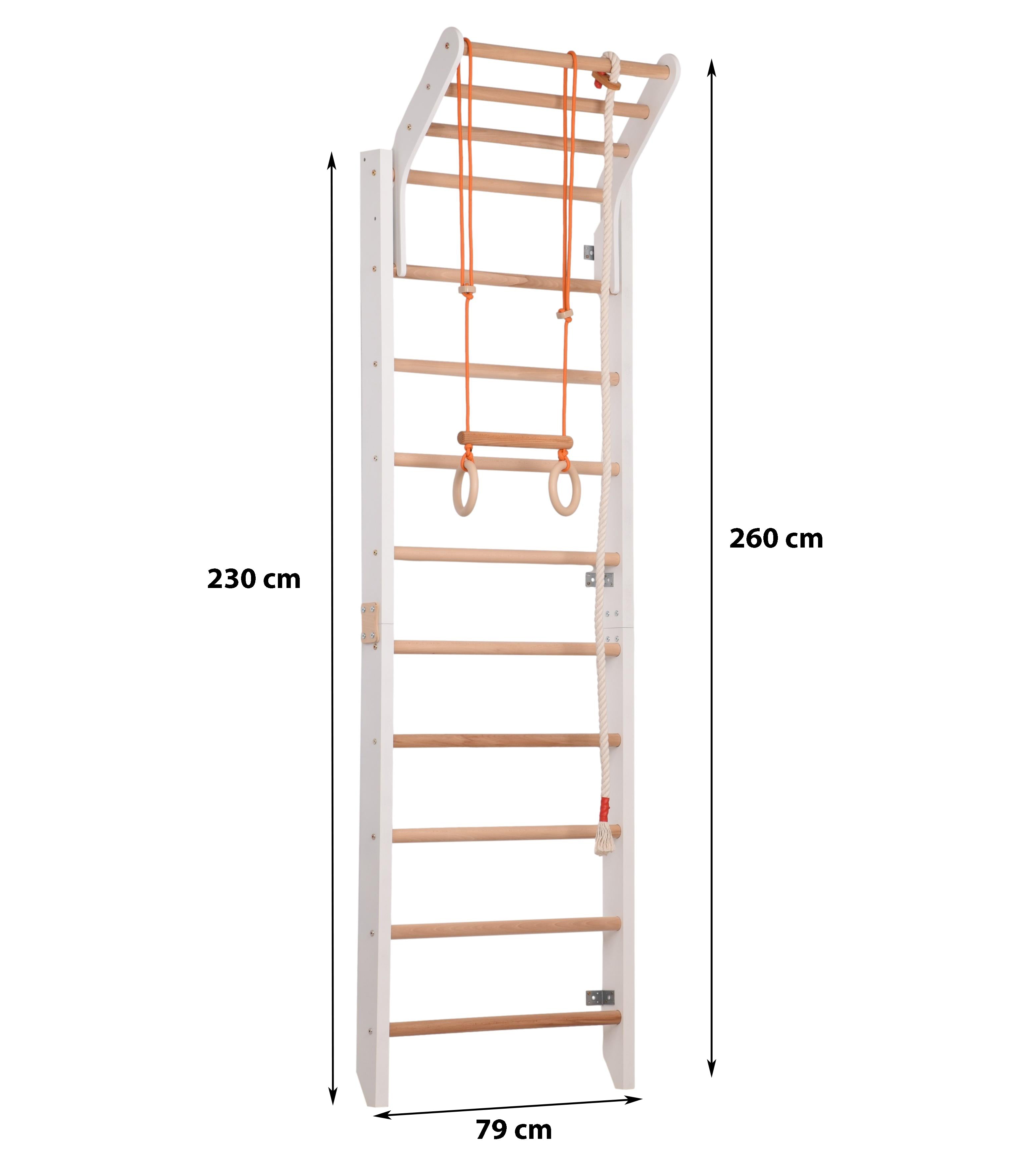 Kletterwand für Kinder mit höhenverstellbarer Stange- Klettergerüst aus Holz - Wand-Reck, Stange, Gymnastik-Ringe, Kletterseil (K 265)