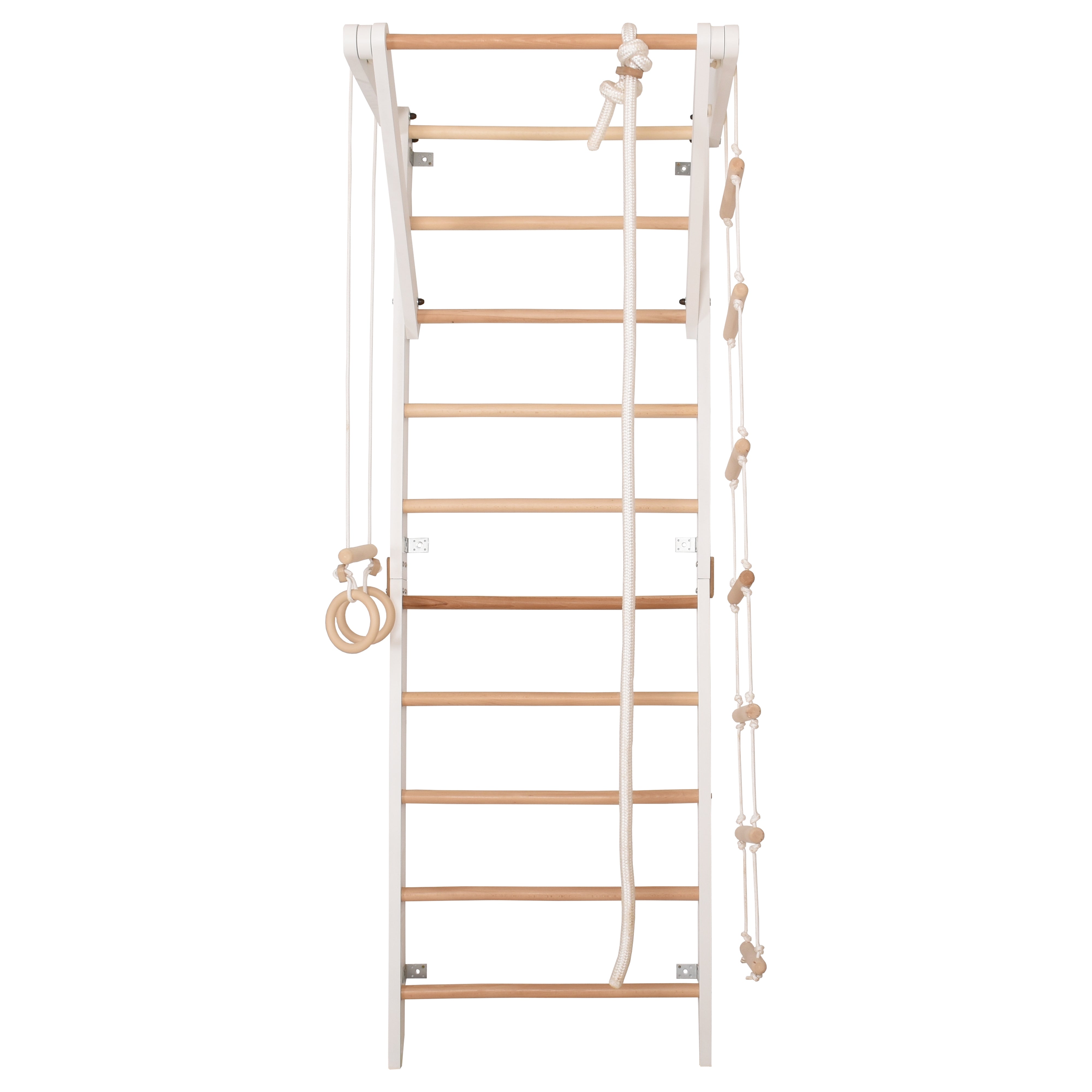 Kletterwand für Kinder und Erwachsene – Klettergerüst Indoor aus Holz mit Wand-Reck, Stange, Gymnastikringen, Kletterseil, schwedischer Leiter – Sport 2 weiße Farbe