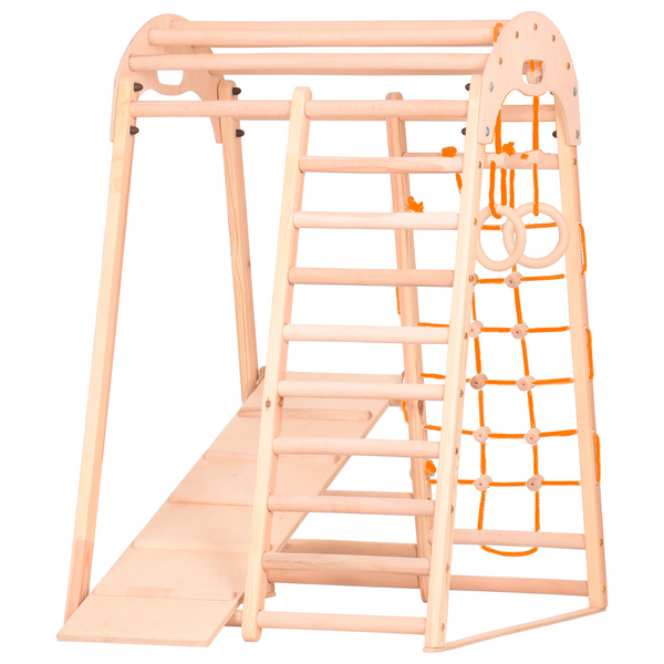 Kompaktes Indoor-Klettergerüst für die ganze Familie – Sprossenwand, Netz & Ringe – Heimtraining (EN 913) (kid2nat)