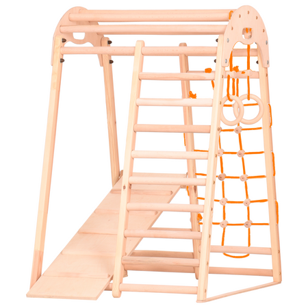 Kompaktes Indoor-Klettergerüst für die ganze Familie – Sprossenwand, Netz & Ringe – Heimtraining (EN 913) (kid2nat)