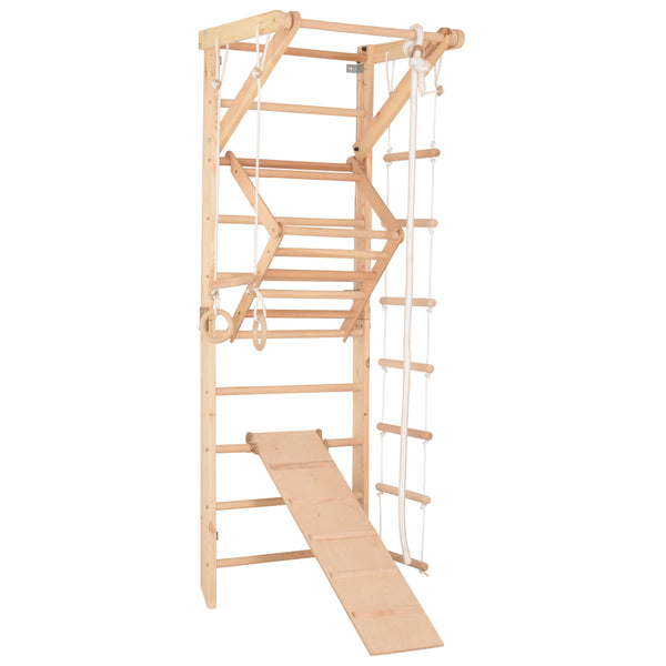 Kletterwand für die ganze Familie – Klettergerüst Indoor aus Holz mit Wand-Reck, Stange, Gymnastikringen, Kletterseil, schwedischer Leiter, höhenverstellbarer Klimmzugstange & beidseitiger Kletterrampe – Sport 3 mit sicherem Lack