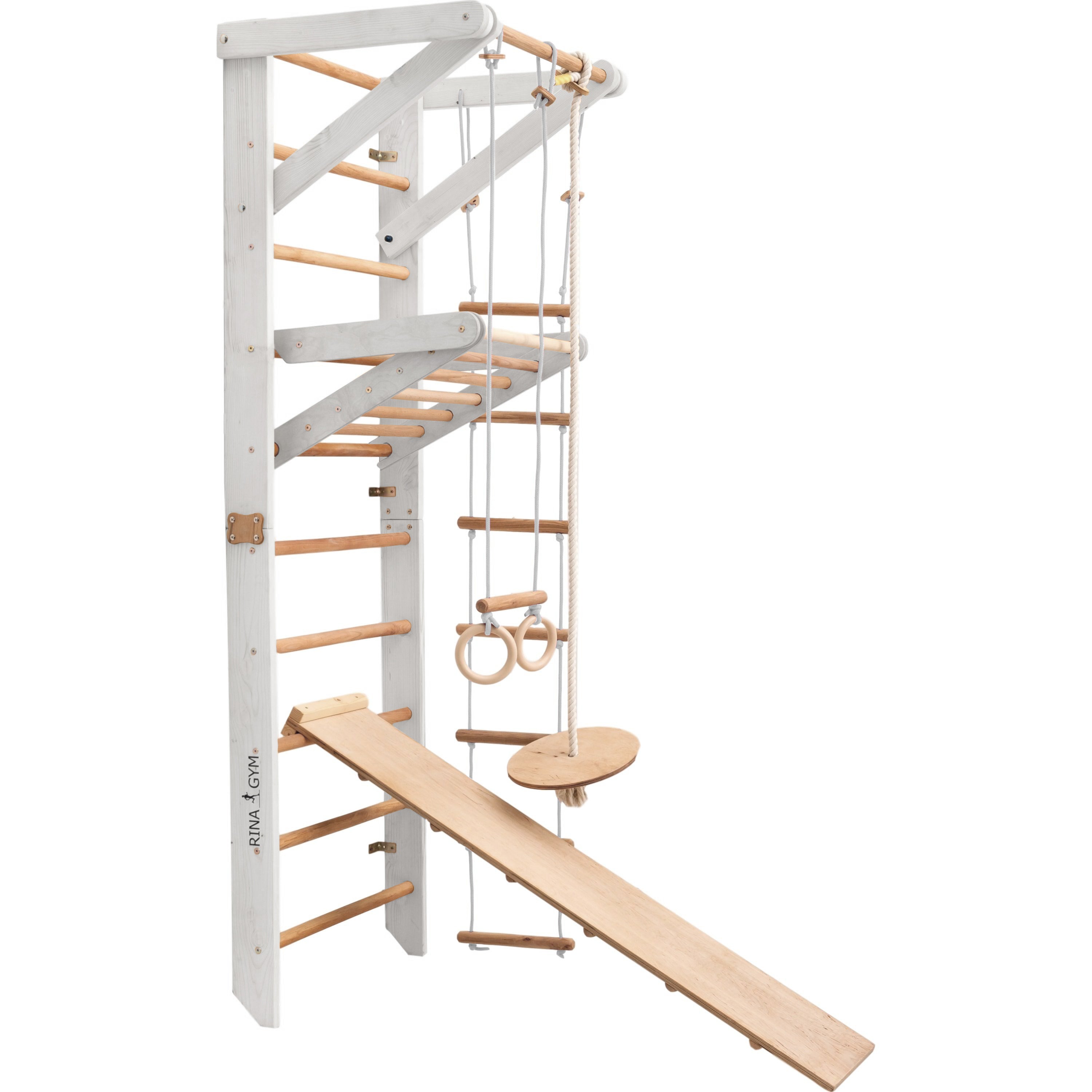 RINAGYM Terrain de Gymnastique Enfants - Jungle de Jeu Intérieur et Extérieur en Bois - Mur et Barres de Singe, Anneaux, Corde, Poutre, Échelle Suédoise, Balançoire, Toboggan - À Partir de 2 Ans (Sport 3 white)