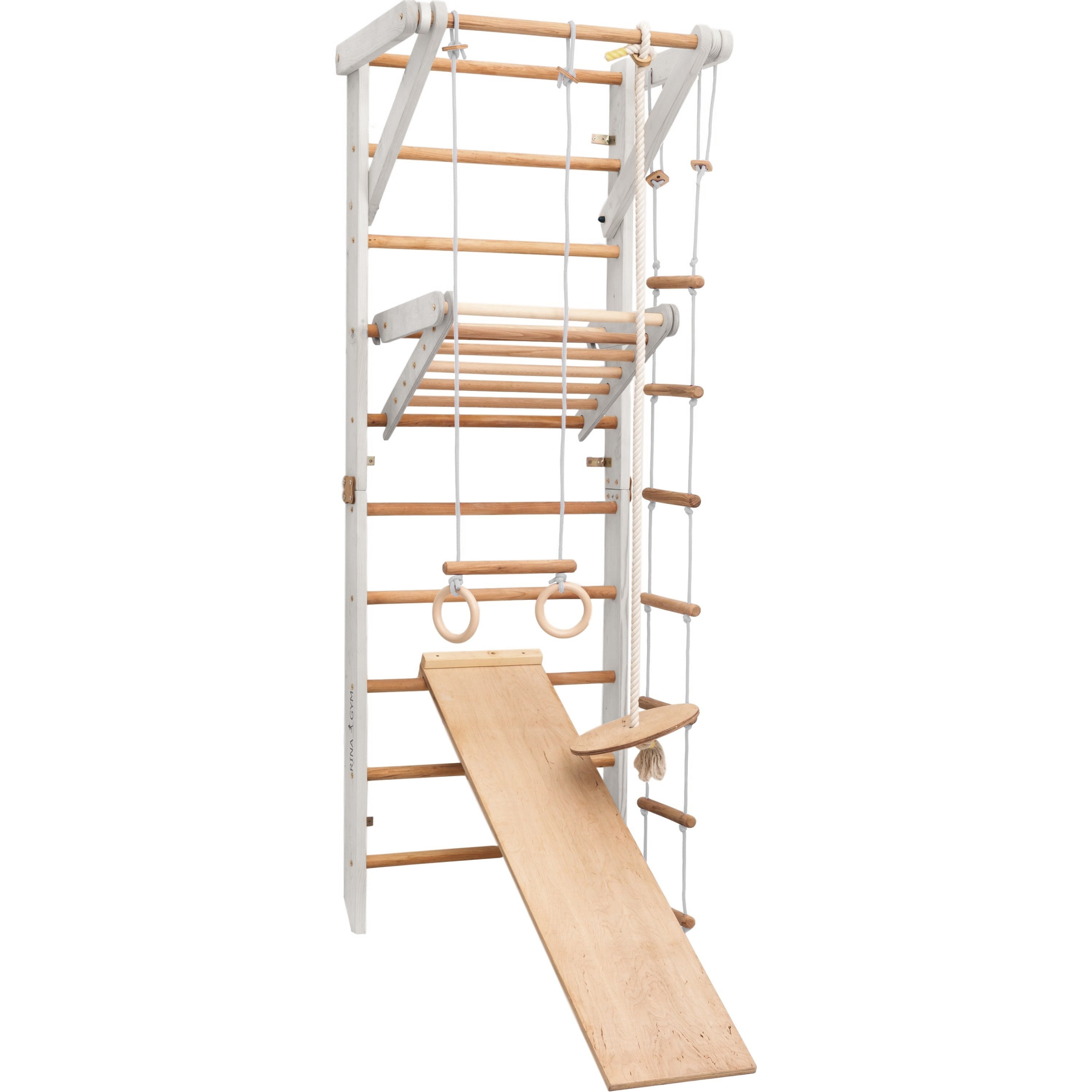 RINAGYM Terrain de Gymnastique Enfants - Jungle de Jeu Intérieur et Extérieur en Bois - Mur et Barres de Singe, Anneaux, Corde, Poutre, Échelle Suédoise, Balançoire, Toboggan - À Partir de 2 Ans (Sport 3 white)