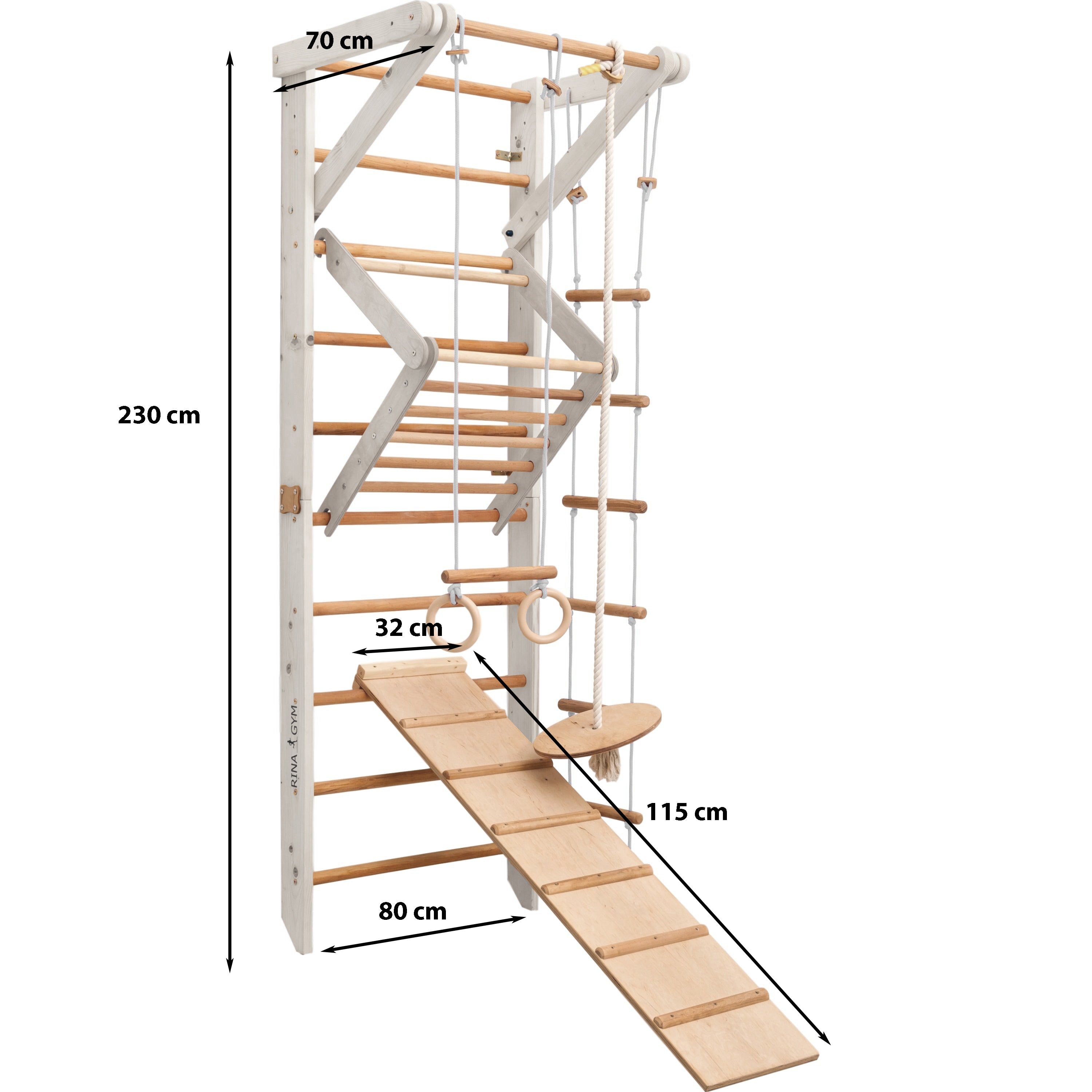 RINAGYM Terrain de Gymnastique Enfants - Jungle de Jeu Intérieur et Extérieur en Bois - Mur et Barres de Singe, Anneaux, Corde, Poutre, Échelle Suédoise, Balançoire, Toboggan - À Partir de 2 Ans (Sport 3 white)