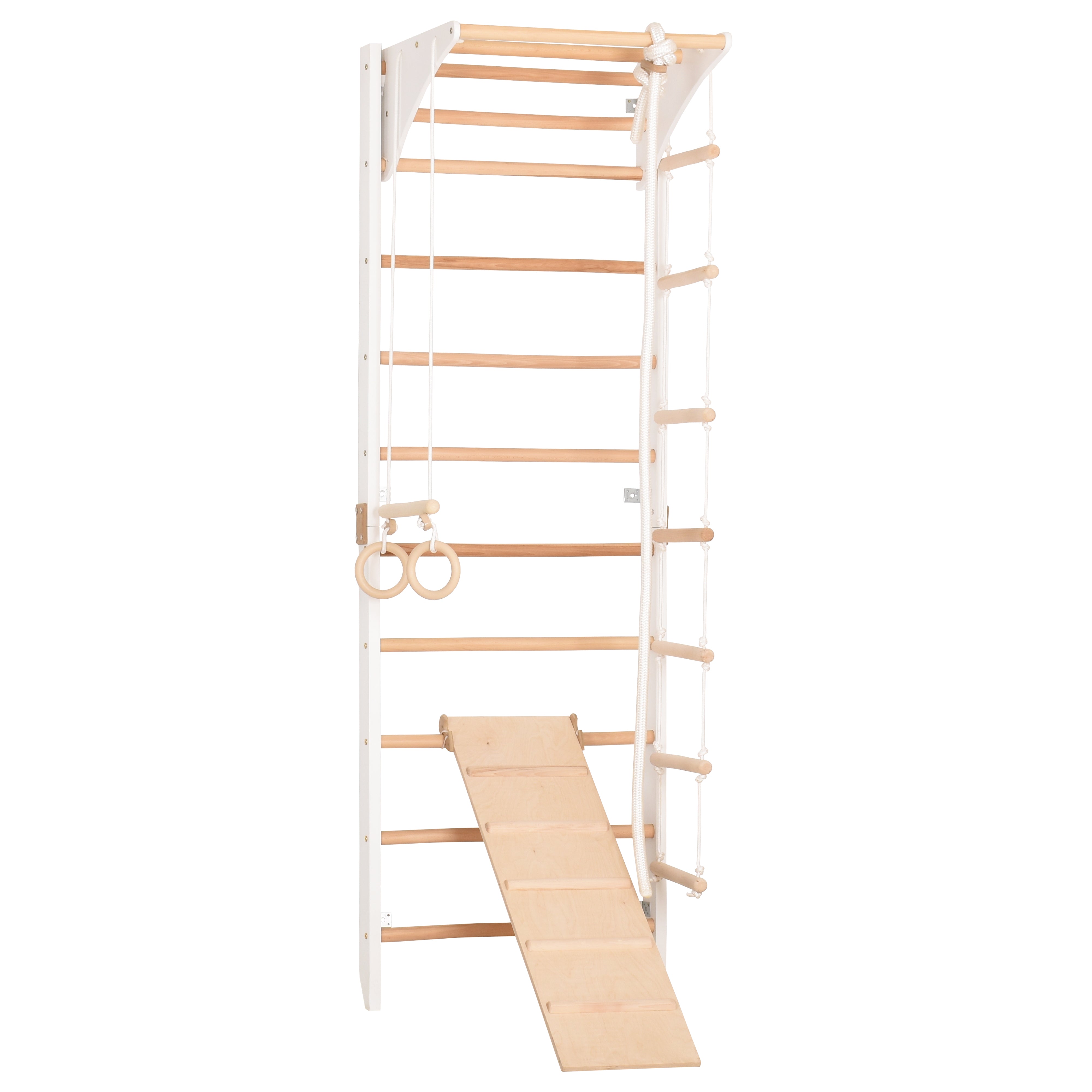 RINAGYM Parco Giochi per Bambini - Set Palestra da Interno ed Esterno per Gioco, Ginnastica ed Esercizi - Asta, Anelli, Corda per Arrampicata, Monkey Bar, Trave, Spalliera, Altalena, Scivolo - 2+ Anni (Kombi 3 white)