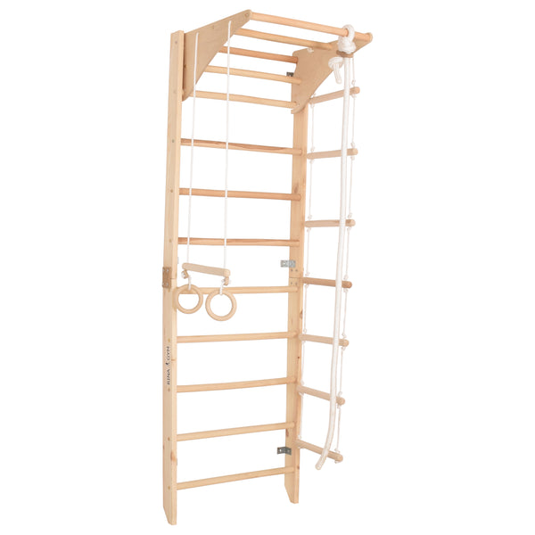 Kletterwand für Kinder und Erwachsene mit höhenverstellbarem Reck-Indoor Klettergerüst aus Holz - Wand-Reck, Stange, Gymnastik-Ringe, Kletterseil - (Natur, ohne Lack) Kombi 2