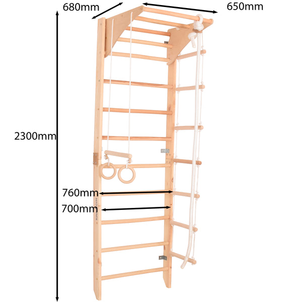 Kletterwand für Kinder und Erwachsene mit höhenverstellbarem Reck-Indoor Klettergerüst aus Holz - Wand-Reck, Stange, Gymnastik-Ringe, Kletterseil - (Natur, ohne Lack) Kombi 2