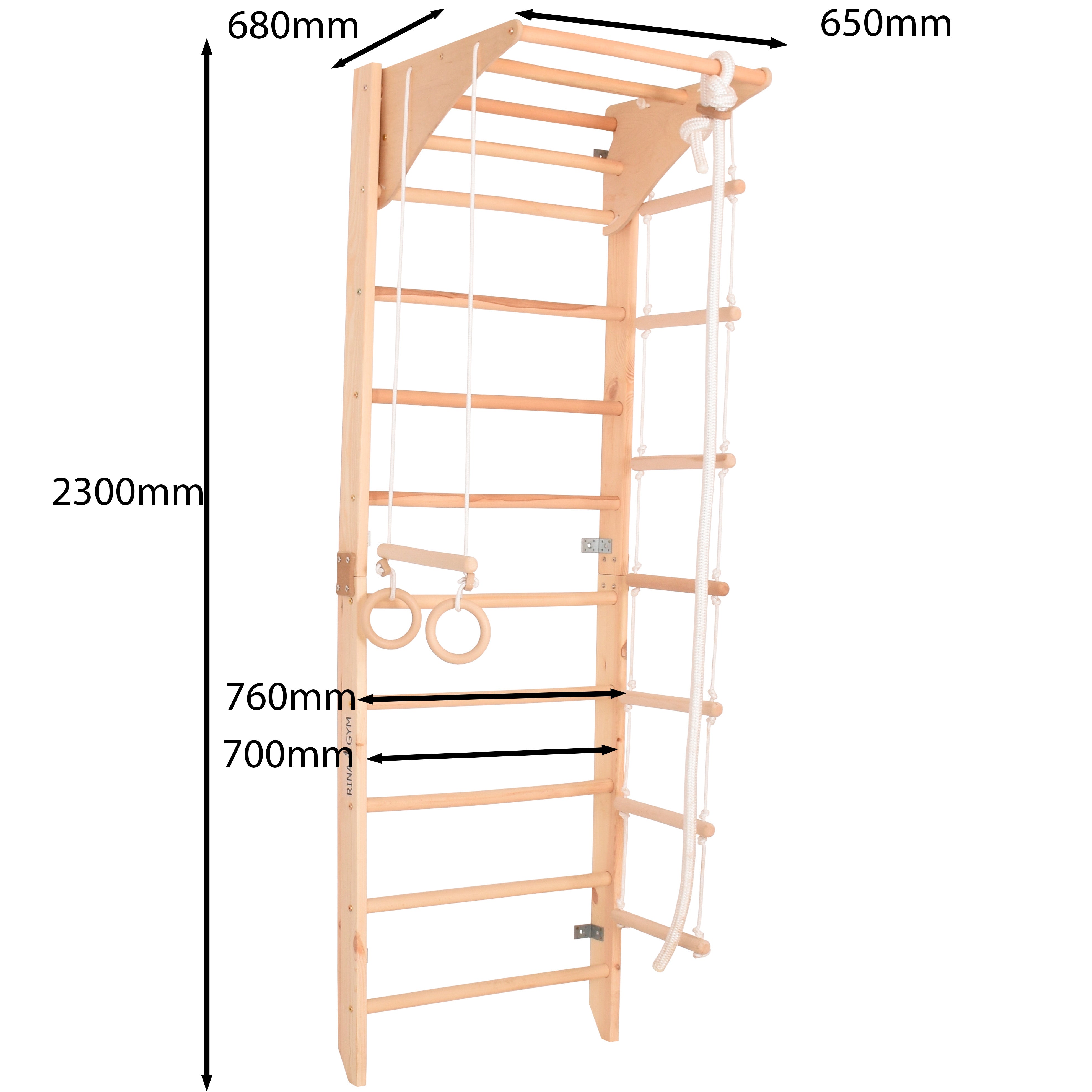 RINAGYM Terrain de Gymnastique Enfants - Jungle de Jeu Intérieur et Extérieur en Bois - Mur et Barres de Singe, Anneaux, Corde, Poutre, Échelle Suédoise, Balançoire - À Partir de 2 Ans (Kombi 2)