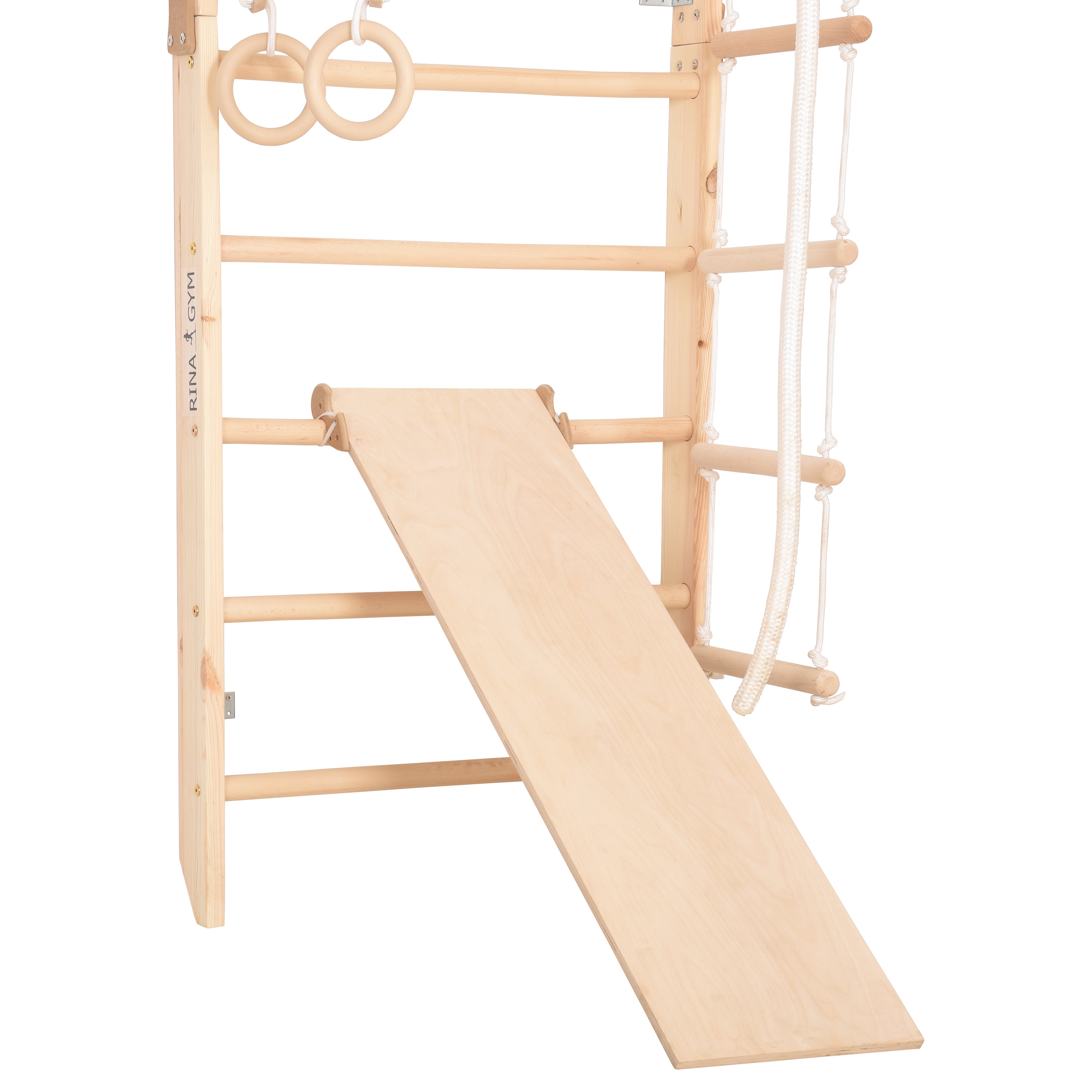 Climbing wall for children - indoor wooden climbing frame, wall bar, bar, gymnastic rings, climbing rope, removable beam, Swedish ladder, slide (Kombi 3)