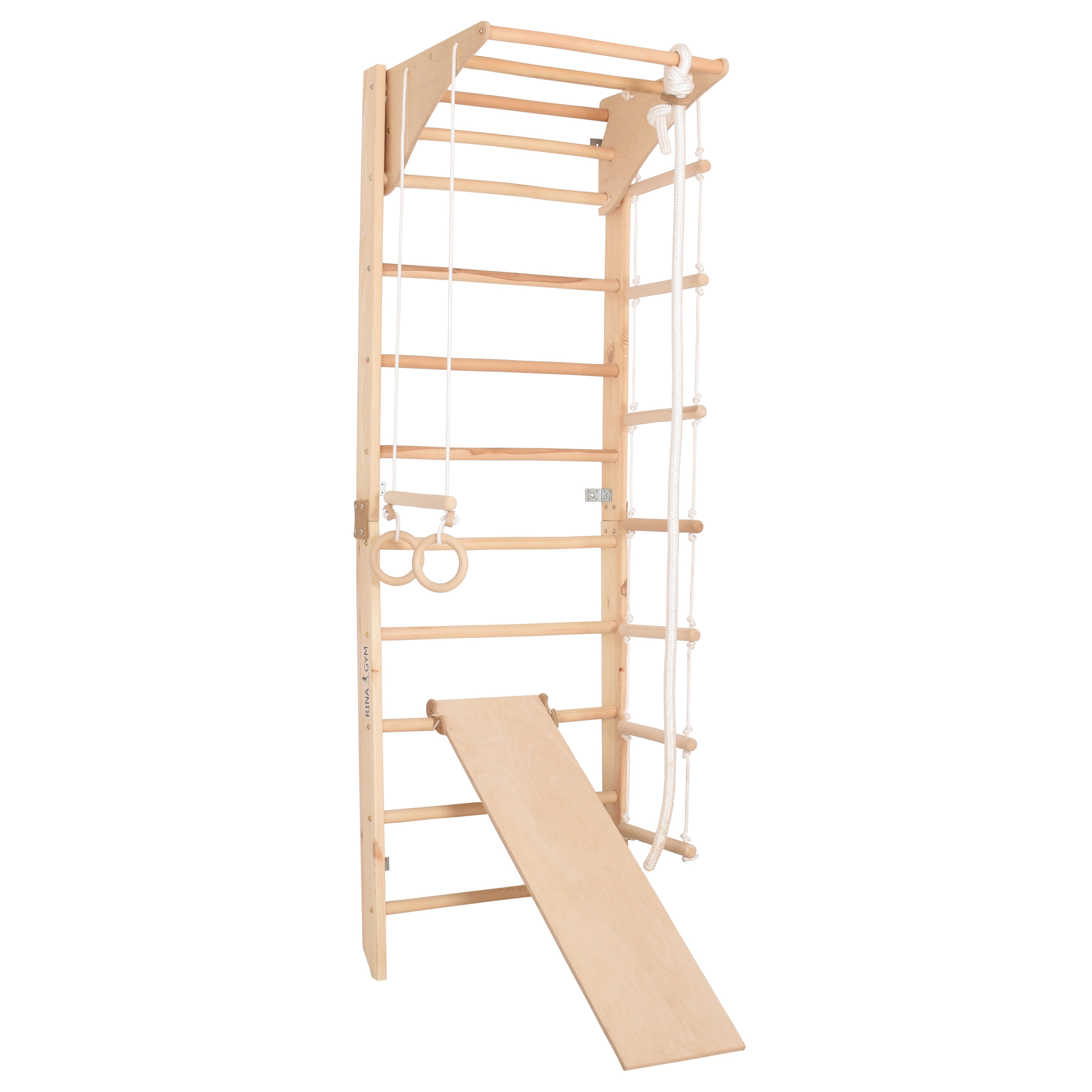 Climbing wall for children - indoor wooden climbing frame, wall bar, bar, gymnastic rings, climbing rope, removable beam, Swedish ladder, slide (Kombi 3)