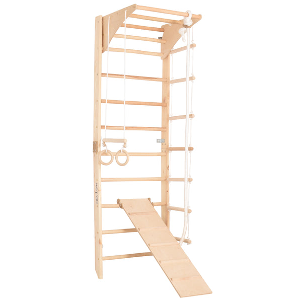 Kletterwand für die ganze Familie mit höhenverstellbarem Reck-Indoor Klettergerüst aus Holz - Wand-Reck, Stange, Gymnastik-Ringe, Kletterseil, beidseitiger Kletterrampe - Kombi 3 mit sicherem Lack