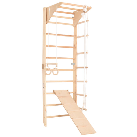 Kletterwand für die ganze Familie mit höhenverstellbarem Reck-Indoor Klettergerüst aus Holz - Wand-Reck, Stange, Gymnastik-Ringe, Kletterseil, beidseitiger Kletterrampe - Kombi 3 mit sicherem Lack