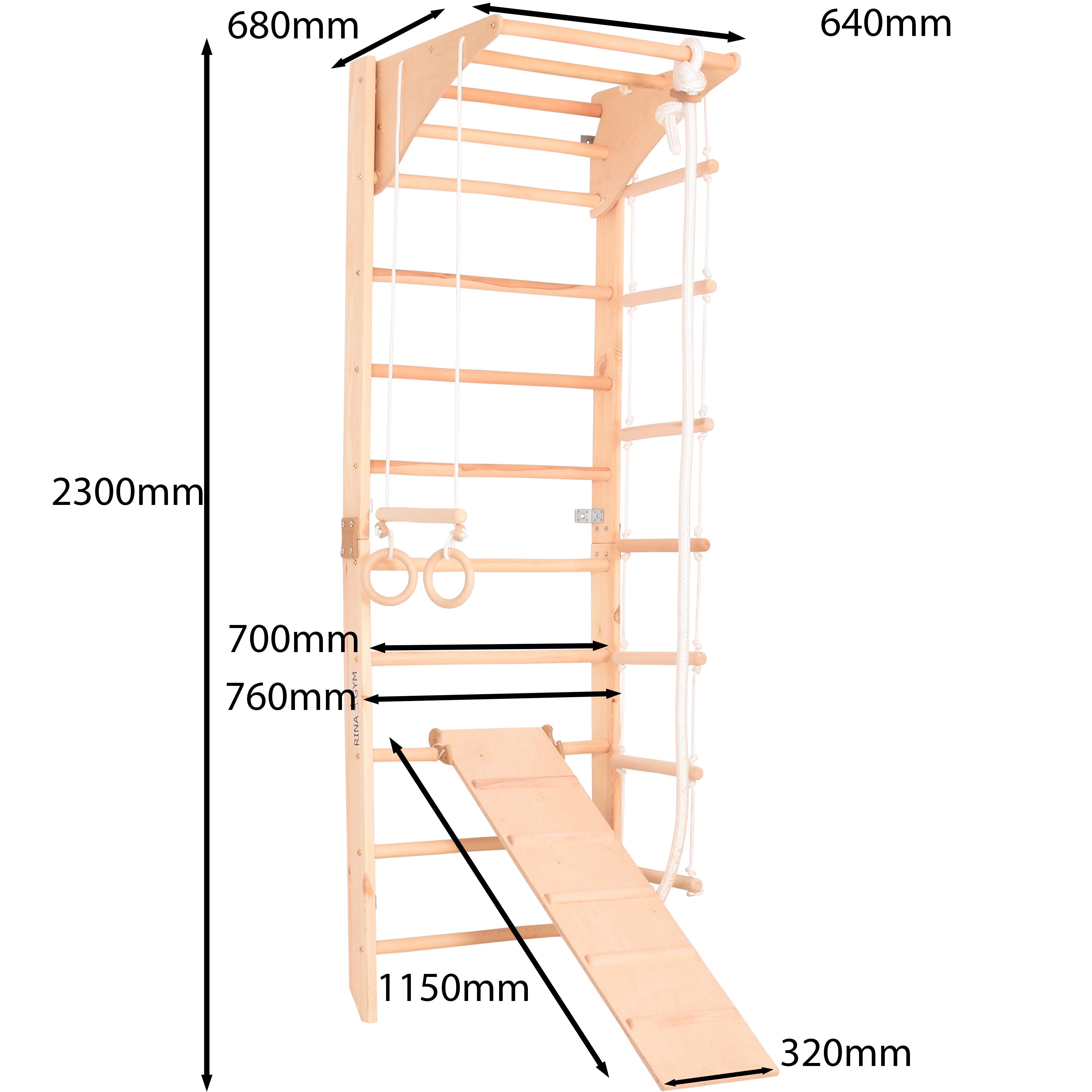 Climbing wall for children - indoor wooden climbing frame, wall bar, bar, gymnastic rings, climbing rope, removable beam, Swedish ladder, slide (Kombi 3)