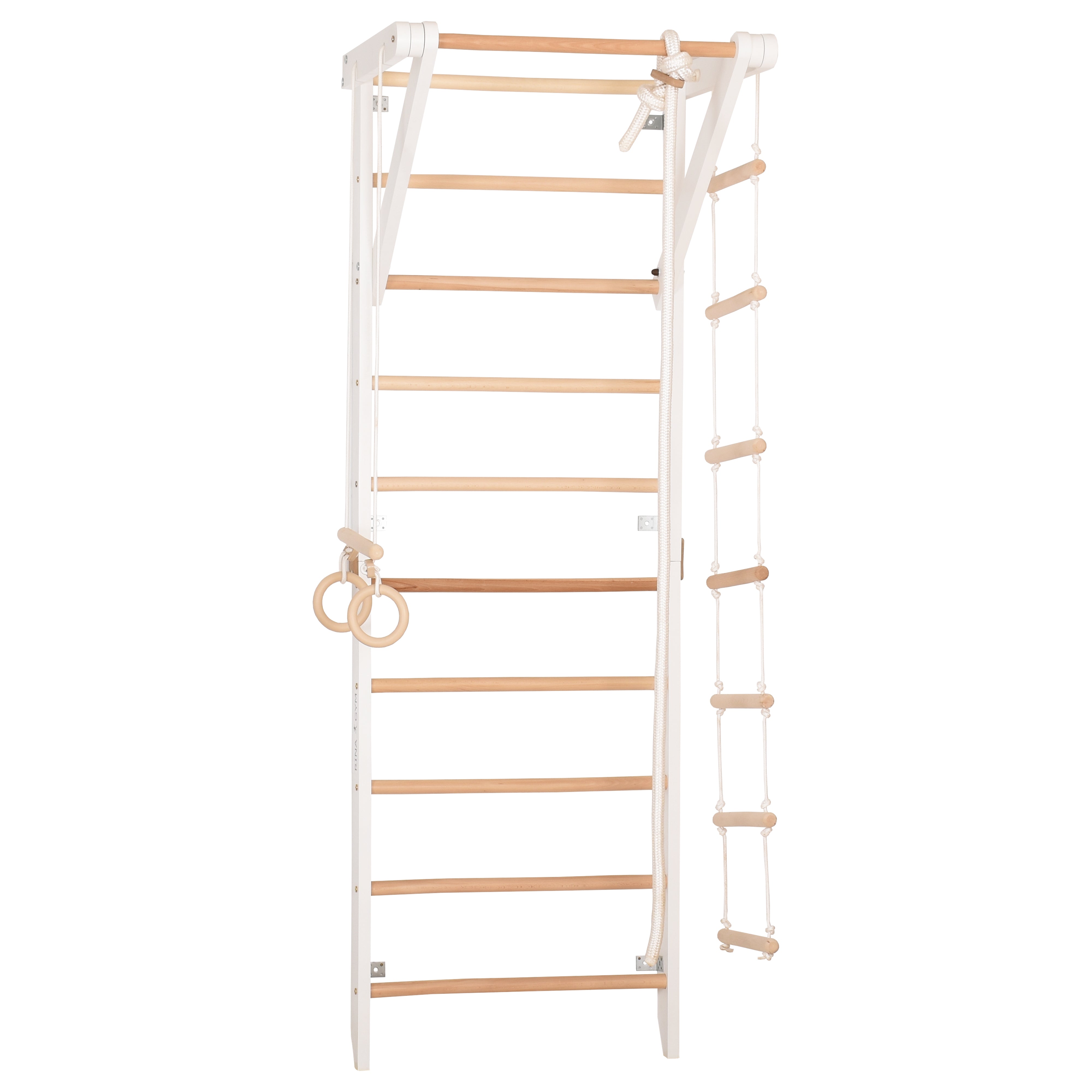 Kletterwand für Kinder und Erwachsene – Klettergerüst Indoor aus Holz mit Wand-Reck, Stange, Gymnastikringen, Kletterseil, schwedischer Leiter – Sport 2 weiße Farbe