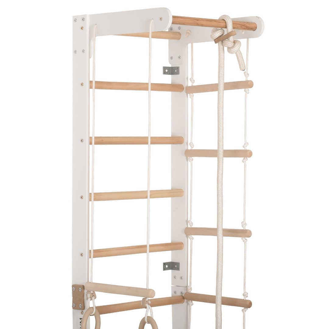 Sprossenwand für Heimtraining mit fixiertem Reck & Kletterbrett – Fitnessgerät für die ganze Familie – Kompakt & vielseitig (SPR B+slide white)