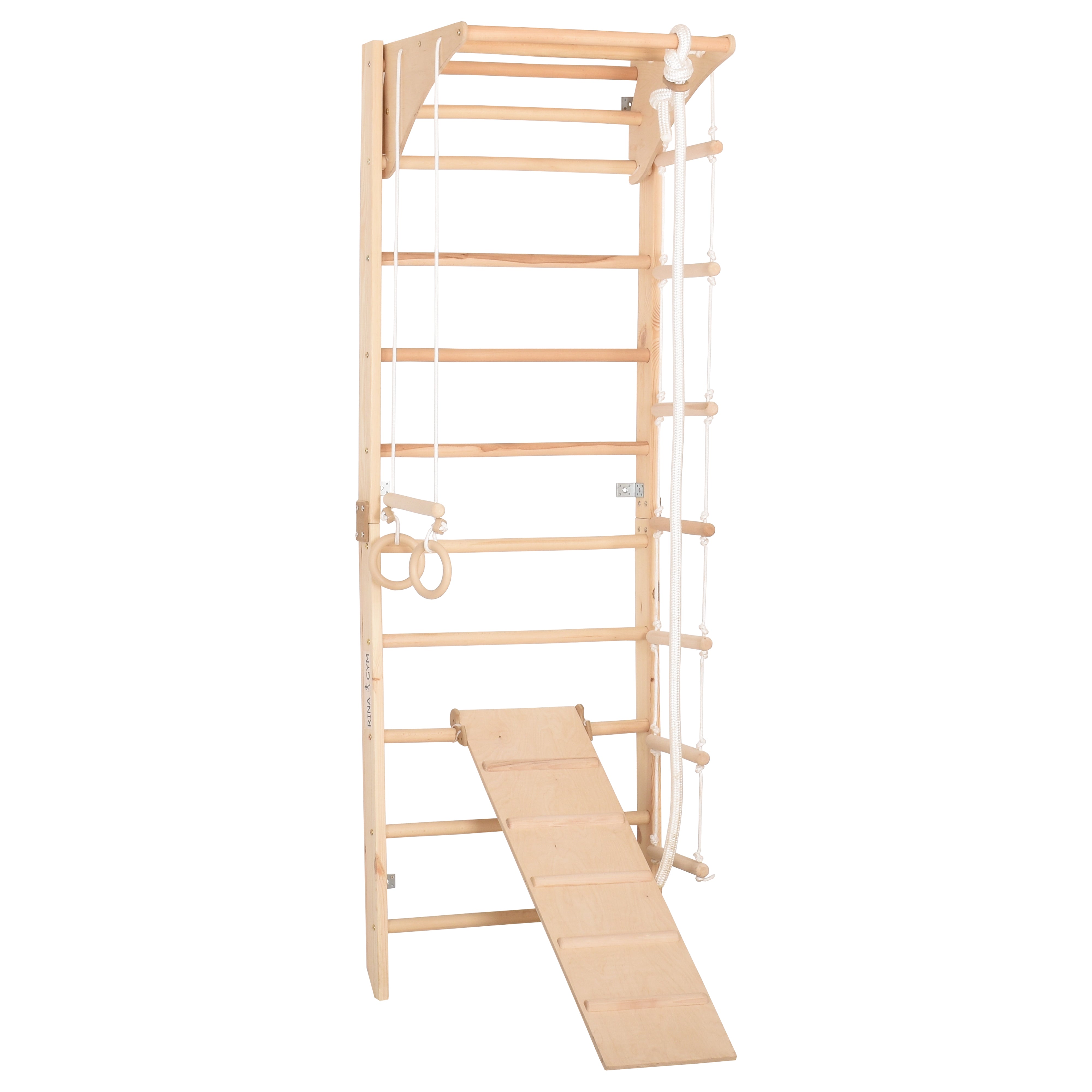 Climbing wall for children - indoor wooden climbing frame, wall bar, bar, gymnastic rings, climbing rope, removable beam, Swedish ladder, slide (Kombi 3)