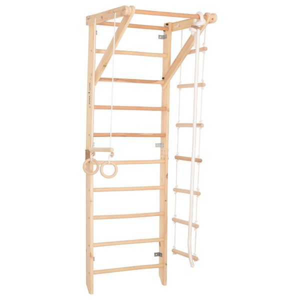 Kletterwand für die ganze Familie – Klettergerüst Indoor aus Holz mit Wand-Reck, Stange, Gymnastikringen, Kletterseil, schwedischer Leiter – Sport 2 mit sicherem Lack