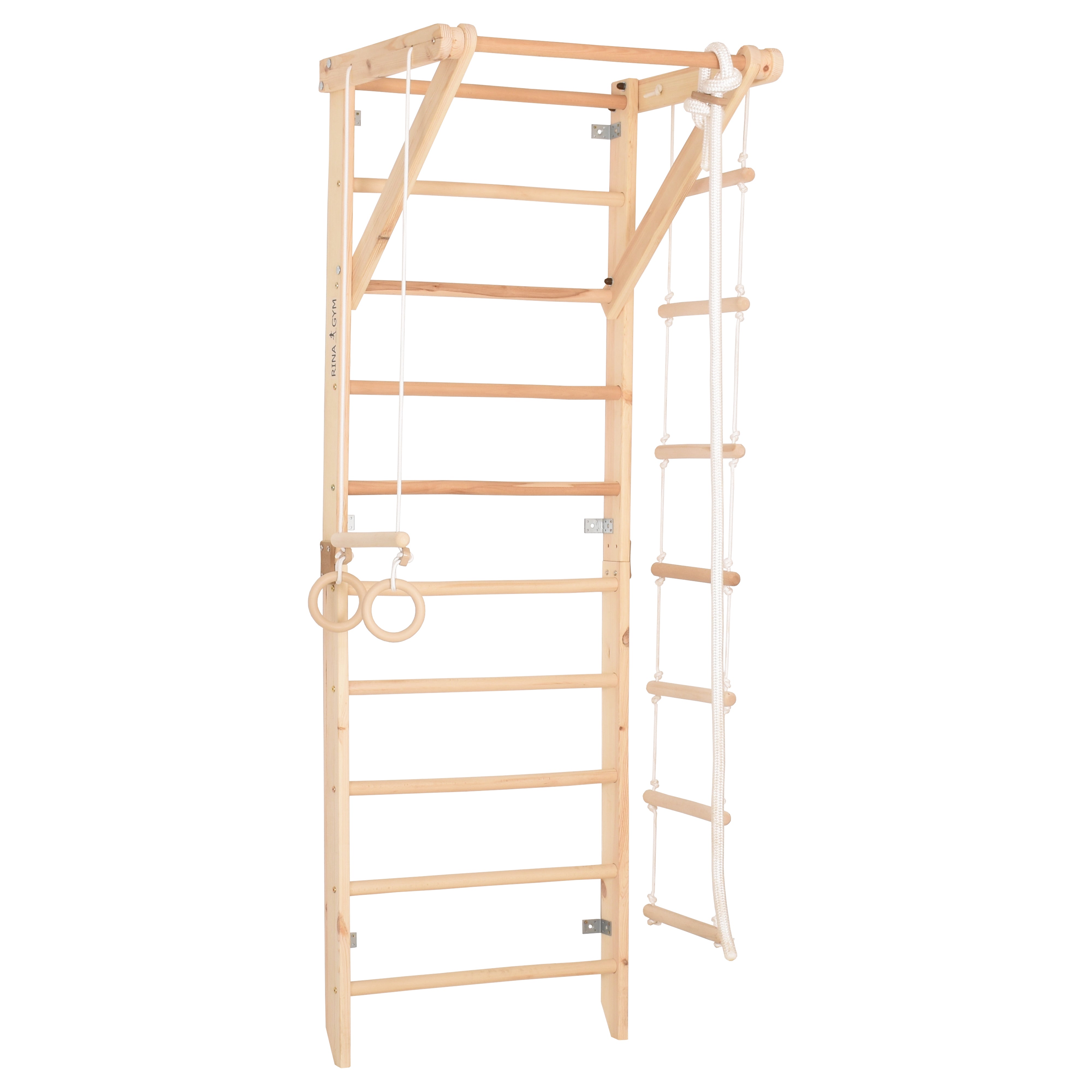 RINAGYM Gymnastics Play Set for Kids - Wooden Indoor & Outdoor Jungle Gym - Wall & Monkey Bars, Pole, Gymnastic Rings, Climbing Rope, Removable Beam, Swedish Ladder, Swing- Children 2yrs & Up (Sport 2)