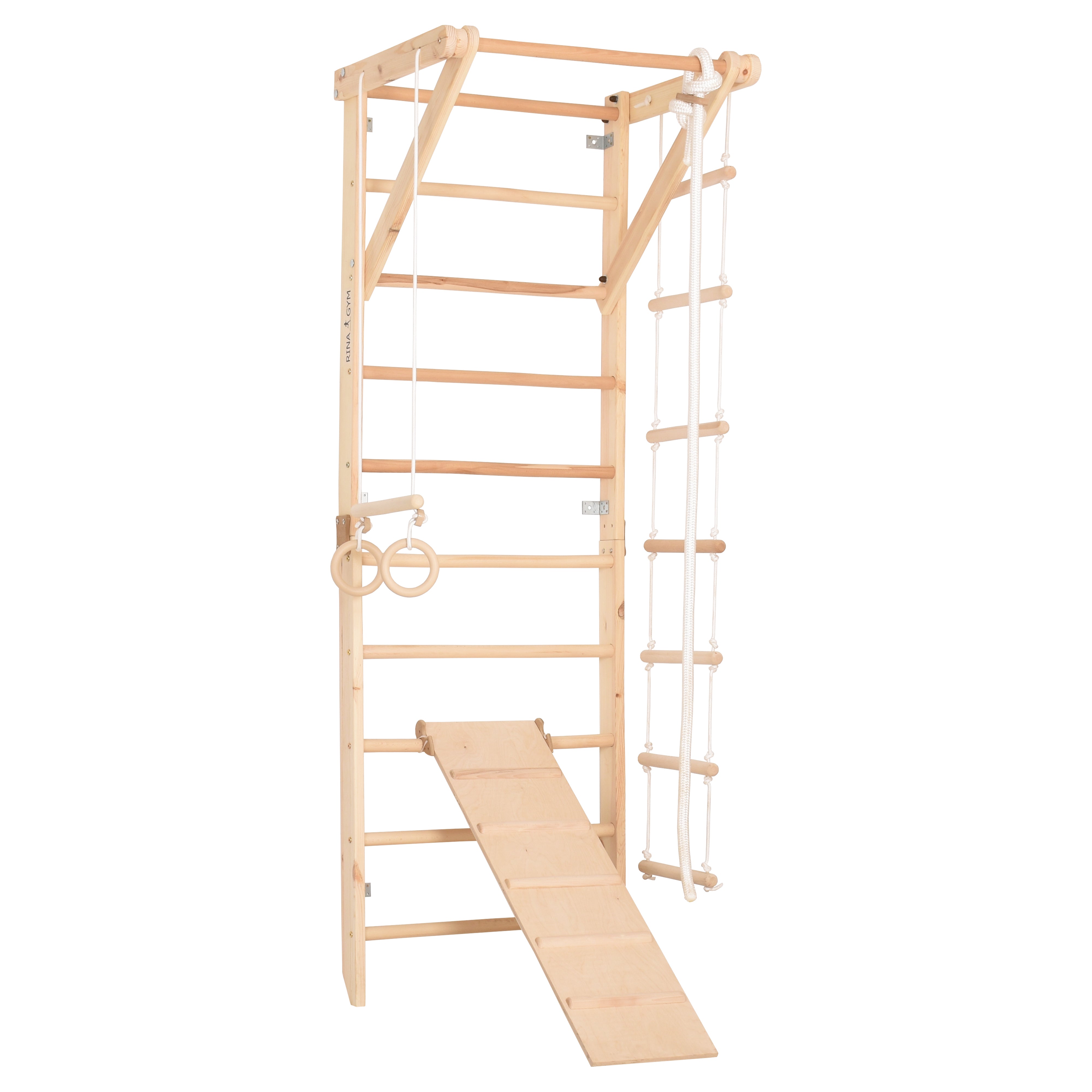 RINAGYM Gymnastics Play Set for Kids - Wooden Indoor & Outdoor Jungle Gym - Wall & Monkey Bars, Pole, Gymnastic Rings, Climbing Rope, Removable Beam, Swedish Ladder, Swing, Slide - Children 2yrs & Up (Sport 3)