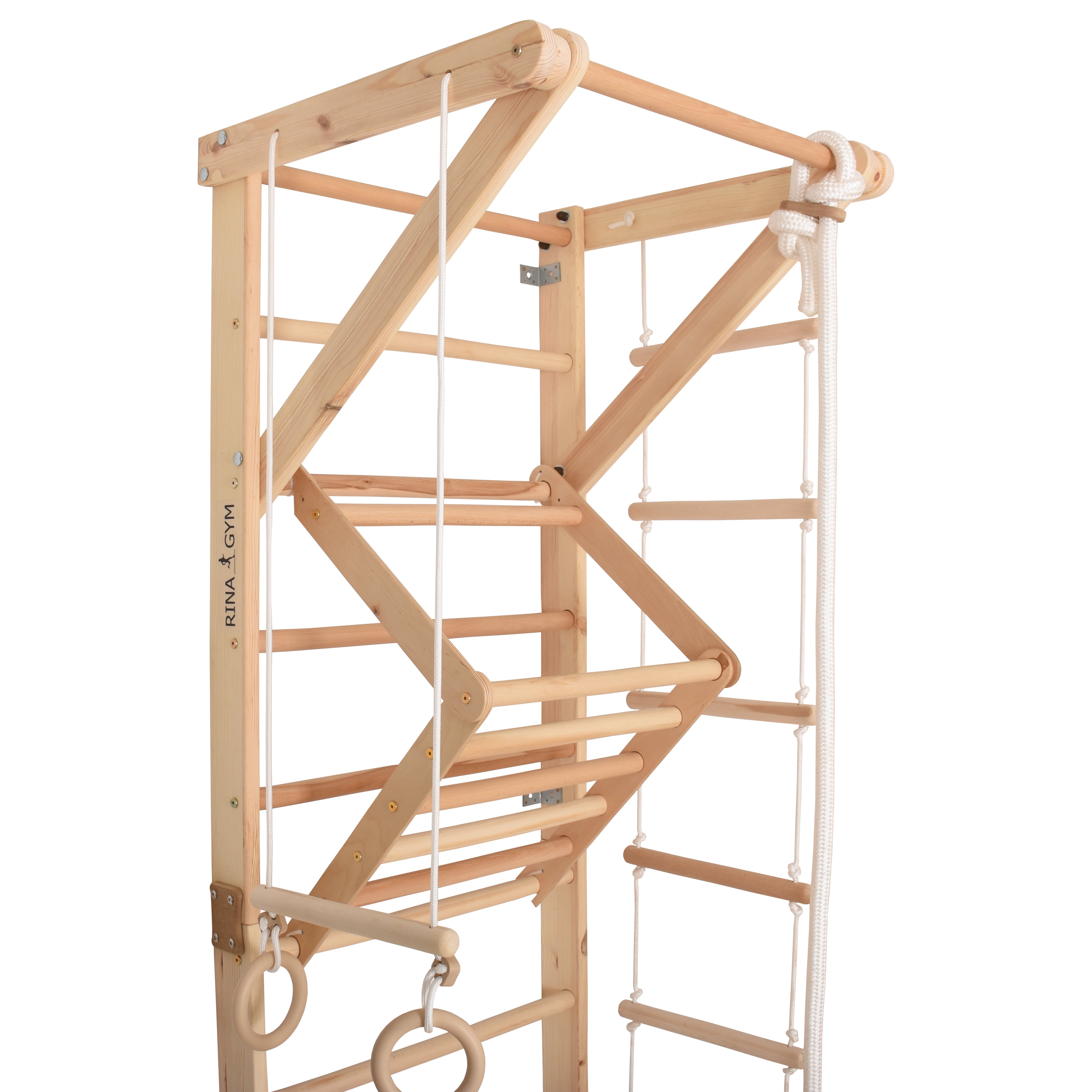 RINAGYM Gymnastics Play Set for Kids - Wooden Indoor & Outdoor Jungle Gym - Wall & Monkey Bars, Pole, Gymnastic Rings, Climbing Rope, Removable Beam, Swedish Ladder, Swing, Slide - Children 2yrs & Up (Sport 3)