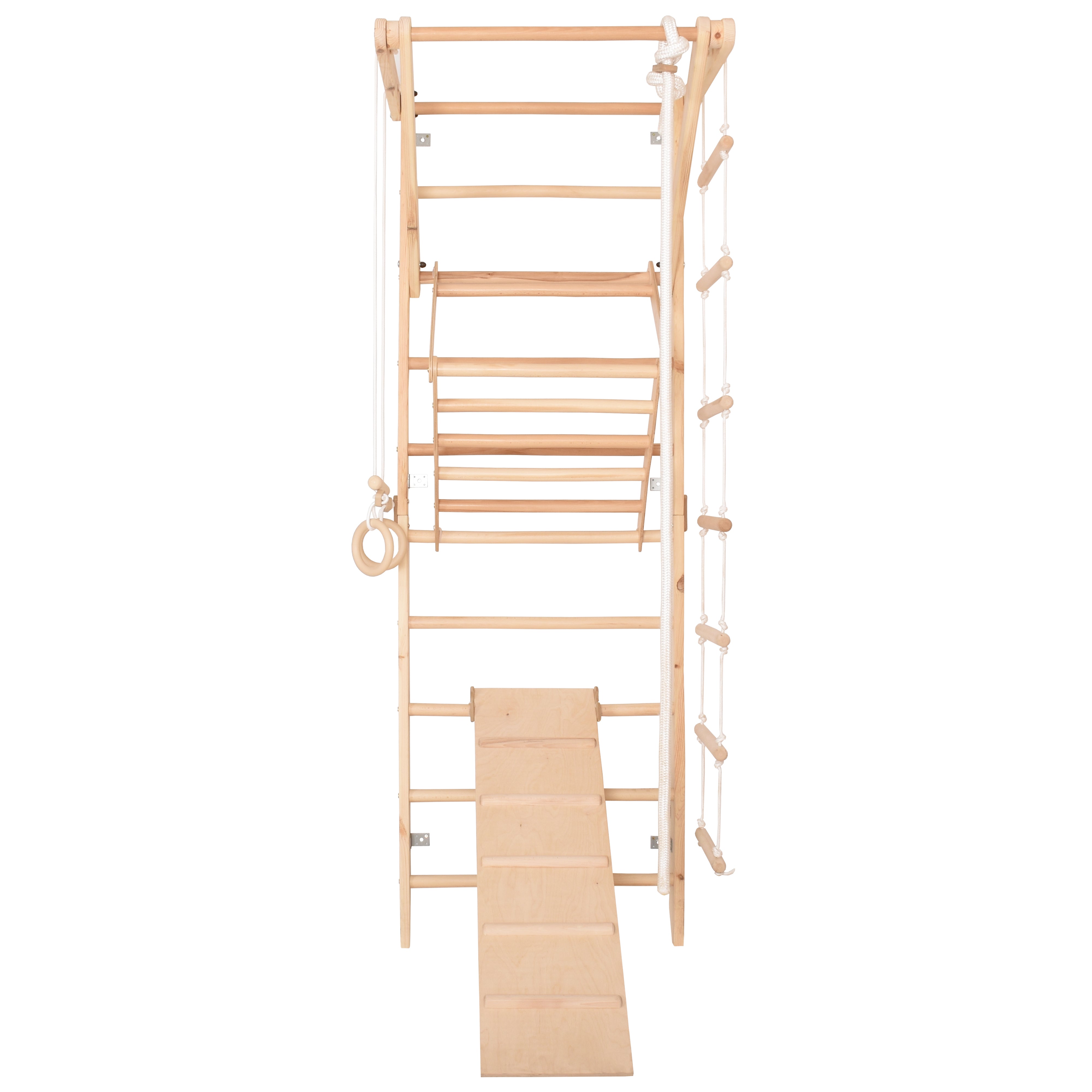 RINAGYM Gymnastics Play Set for Kids - Wooden Indoor & Outdoor Jungle Gym - Wall & Monkey Bars, Pole, Gymnastic Rings, Climbing Rope, Removable Beam, Swedish Ladder, Swing, Slide - Children 2yrs & Up (Sport 3)