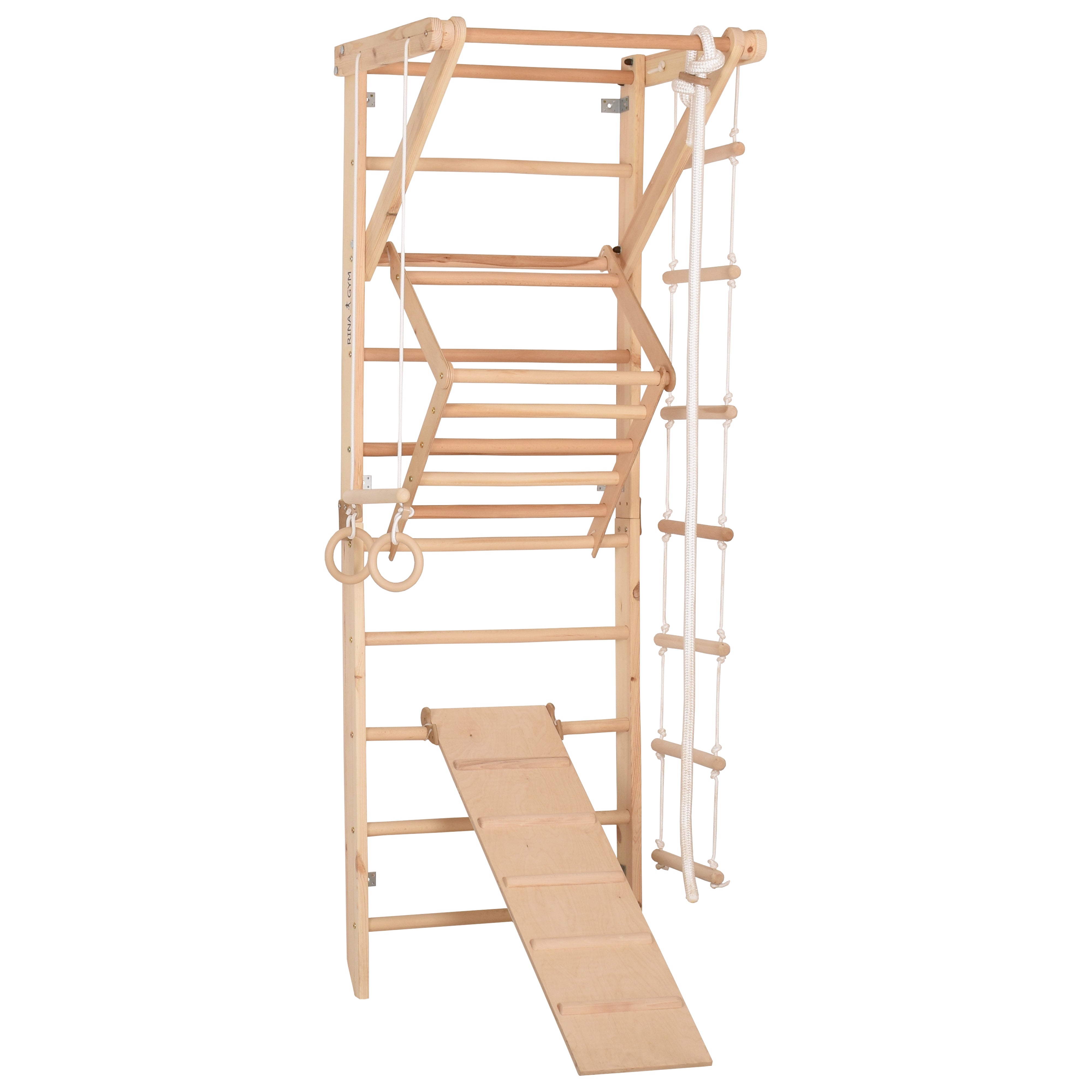 RINAGYM Gymnastics Play Set for Kids - Wooden Indoor & Outdoor Jungle Gym - Wall & Monkey Bars, Pole, Gymnastic Rings, Climbing Rope, Removable Beam, Swedish Ladder, Swing, Slide - Children 2yrs & Up (Sport 3)