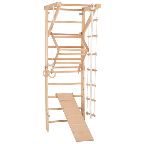 RINAGYM Gymnastics Play Set for Kids - Wooden Indoor & Outdoor Jungle Gym - Wall & Monkey Bars, Pole, Gymnastic Rings, Climbing Rope, Removable Beam, Swedish Ladder, Swing, Slide - Children 2yrs & Up (Sport 3)