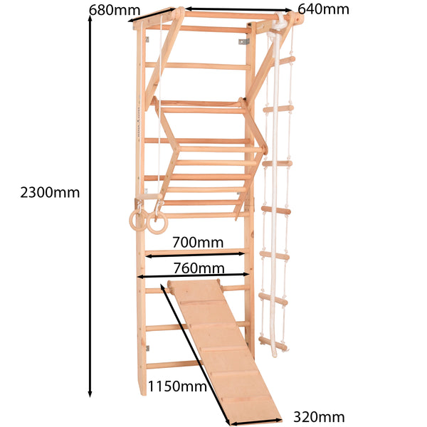 Kletterwand für die ganze Familie – Klettergerüst Indoor aus Holz mit Wand-Reck, Stange, Gymnastikringen, Kletterseil, schwedischer Leiter, höhenverstellbarer Klimmzugstange & beidseitiger Kletterrampe – Sport 3 mit sicherem Lack