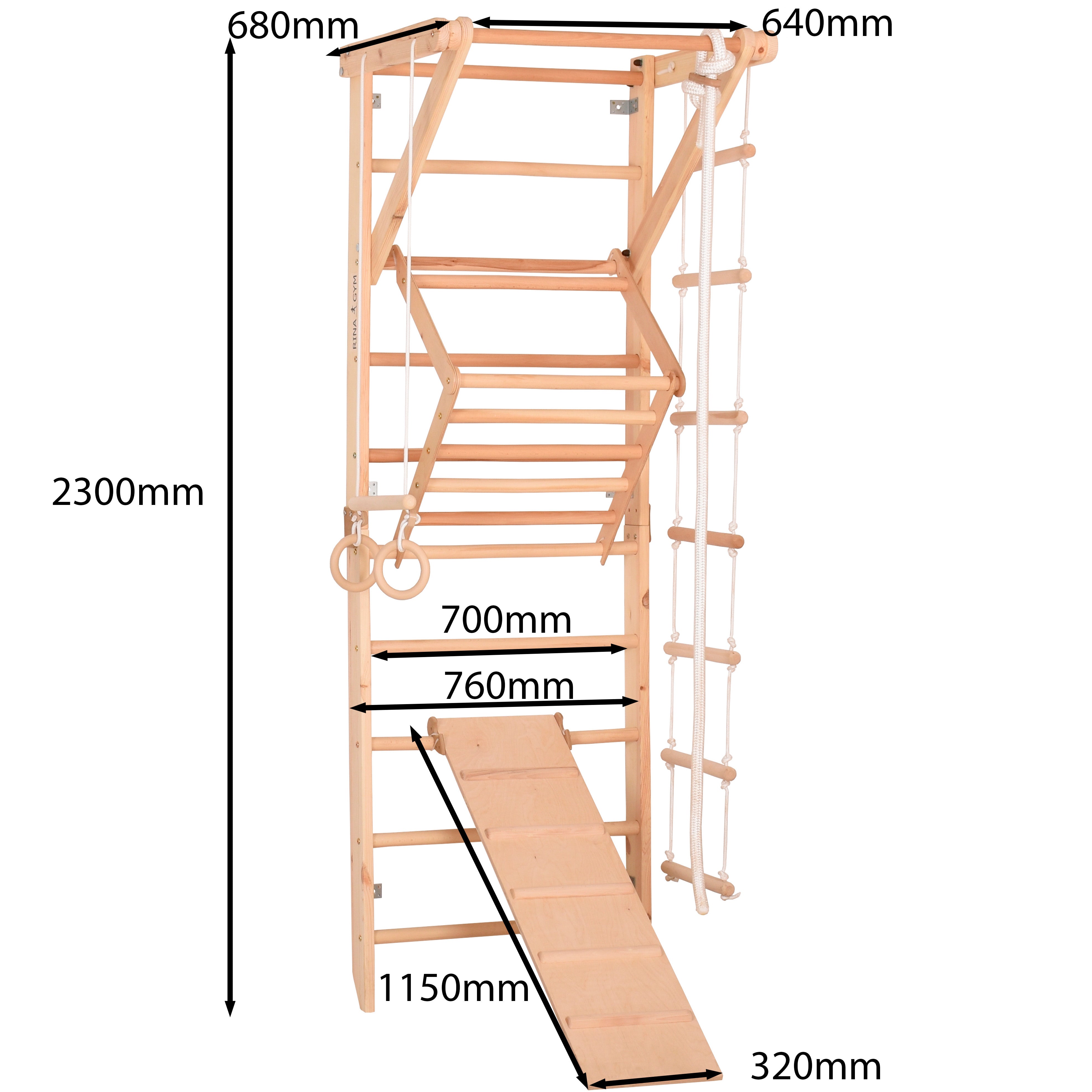 RINAGYM Gymnastics Play Set for Kids - Wooden Indoor & Outdoor Jungle Gym - Wall & Monkey Bars, Pole, Gymnastic Rings, Climbing Rope, Removable Beam, Swedish Ladder, Swing, Slide - Children 2yrs & Up (Sport 3)