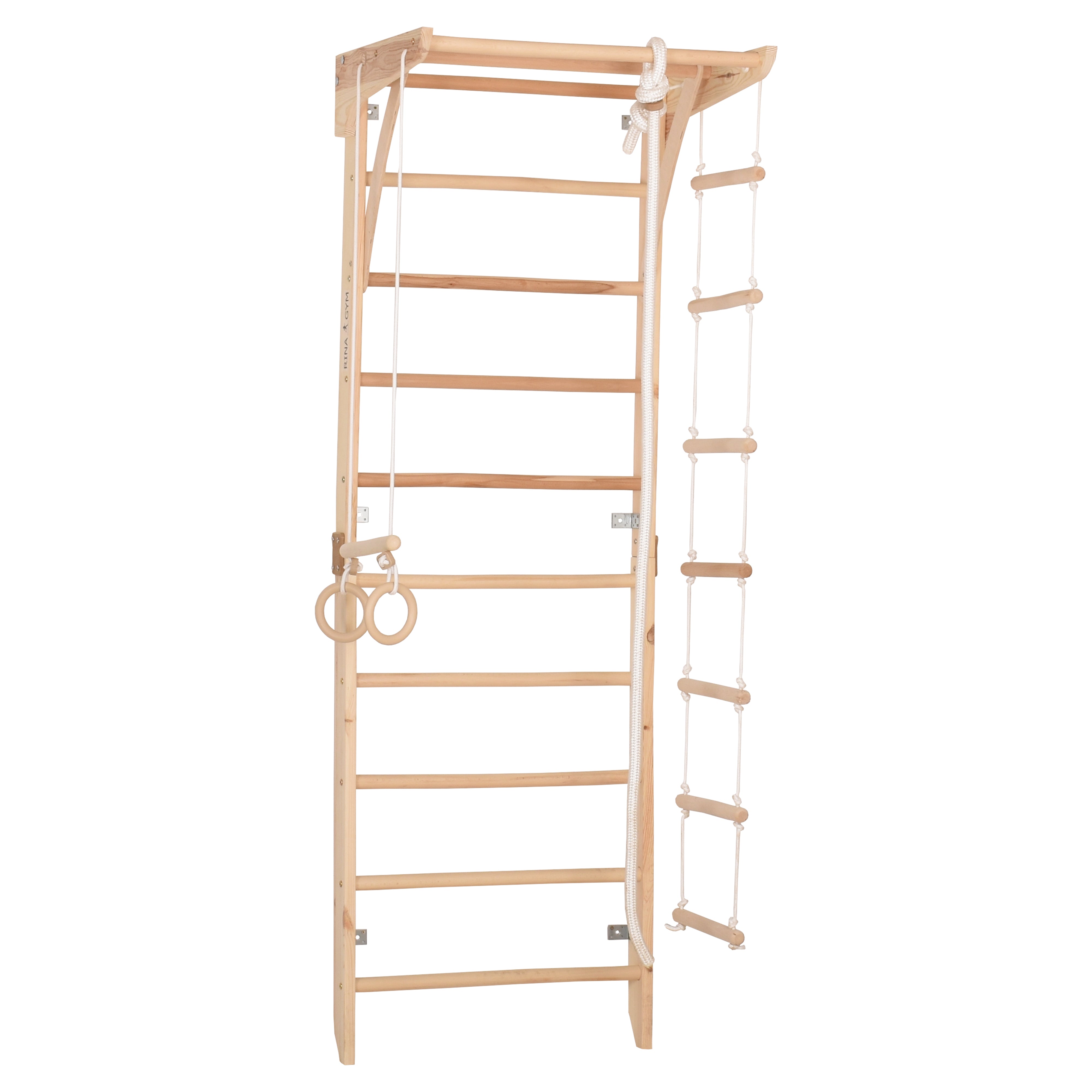 Kletterwand für Kinder und Erwachsene – Klettergerüst Indoor aus Holz mit Wand-Reck, Stange, Gymnastikringen, Kletterseil, schwedischer Leiter – Kinder 2 mit kindersicherem Lack