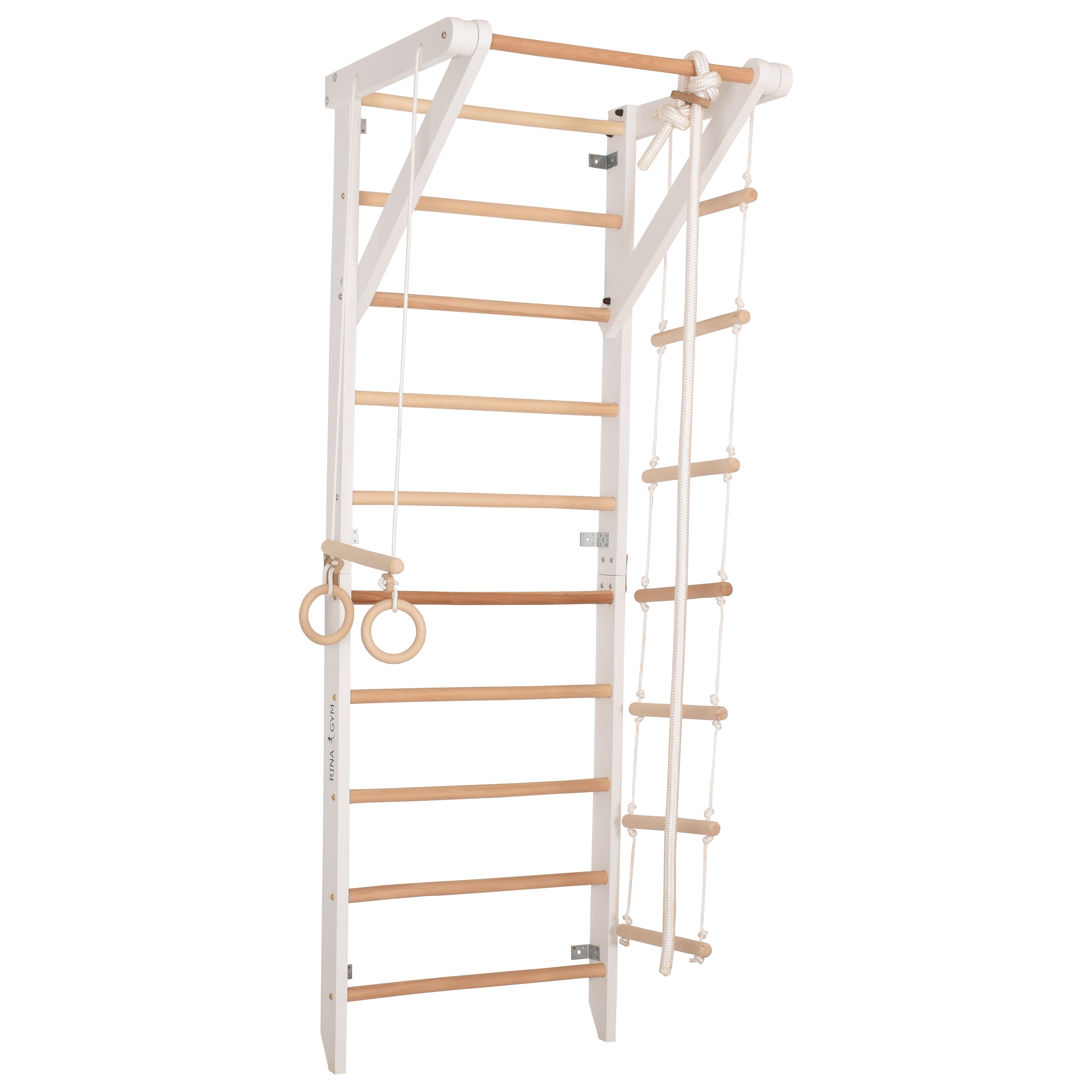 Kletterwand für die ganze Familie – Klettergerüst Indoor aus Holz mit Wand-Reck, Stange, Gymnastikringen, Kletterseil, schwedischer Leiter – Sport 2 weiße Farbe
