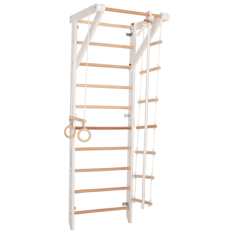 Kletterwand für Kinder und Erwachsene – Klettergerüst Indoor aus Holz mit Wand-Reck, Stange, Gymnastikringen, Kletterseil, schwedischer Leiter – Sport 2 weiße Farbe