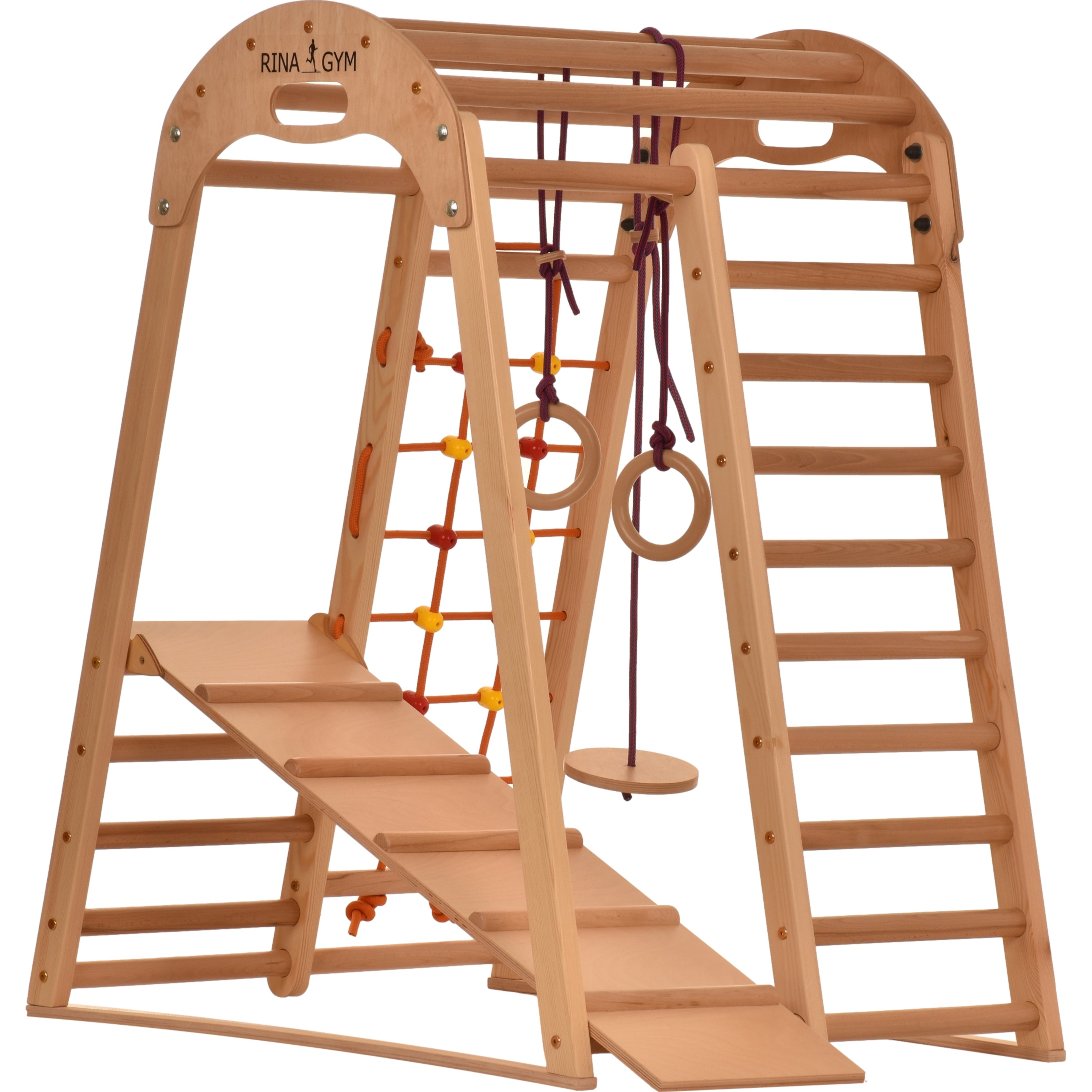 Climbing Triangle Wooden Indoor Playground for Children - Climbing Net, Swedish Ladder, Rings, Slide - Ideal for 1 to 5 years (Natural color)