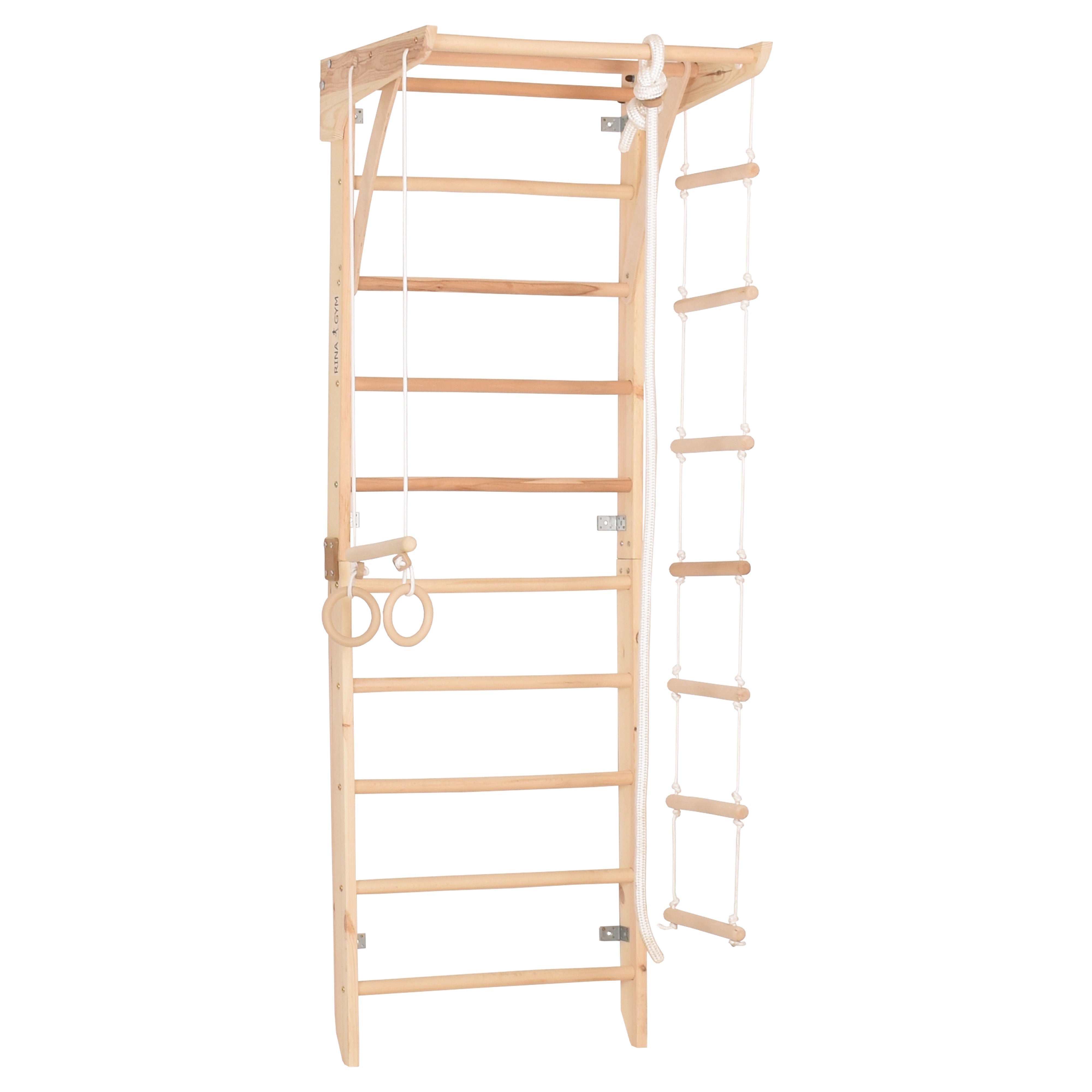 Kletterwand für Kinder und Erwachsene – Klettergerüst Indoor aus Holz mit Wand-Reck, Stange, Gymnastikringen, Kletterseil, schwedischer Leiter – Kinder 2 mit kindersicherem Lack