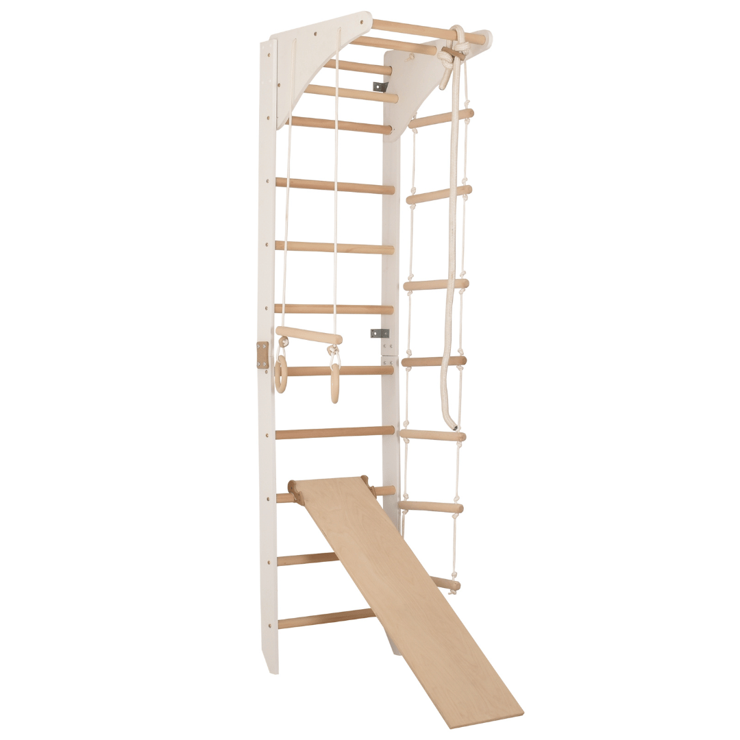 Sprossenwand mit höhenverstellbarem Reck, Kletterseil, Ringen und beidseitigem Kletterbrett – Kompakter Indoor-Fitnesspark für die ganze Familie (SPR C+slide white)