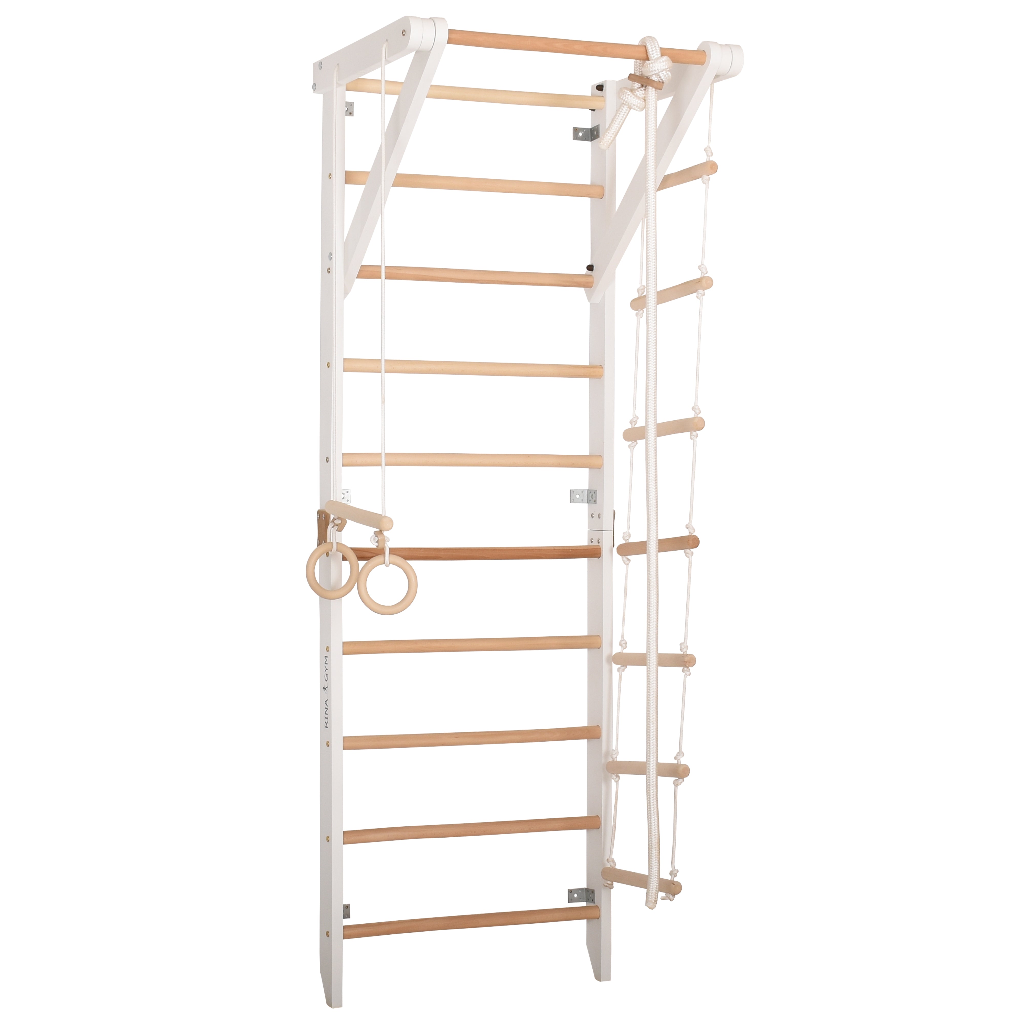 Kletterwand für Kinder und Erwachsene – Klettergerüst Indoor aus Holz mit Wand-Reck, Stange, Gymnastikringen, Kletterseil, schwedischer Leiter – Sport 2 weiße Farbe