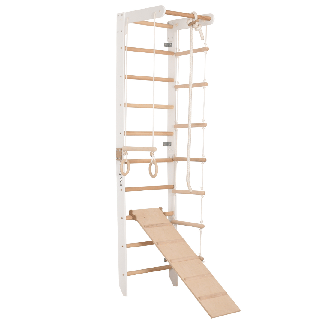 Sprossenwand für Heimtraining mit fixiertem Reck & Kletterbrett – Fitnessgerät für die ganze Familie – Kompakt & vielseitig (SPR B+slide white)