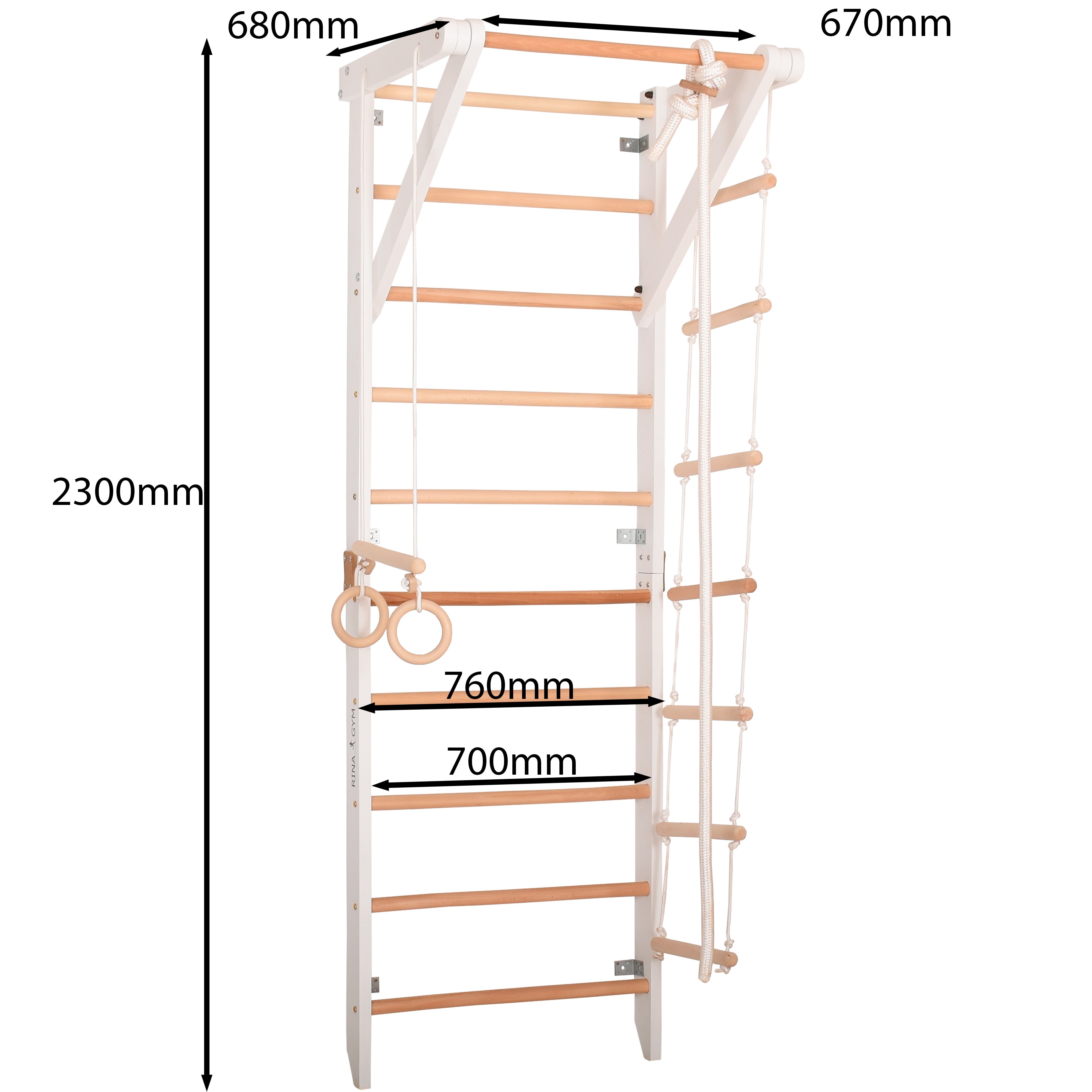 Kletterwand für Kinder und Erwachsene – Klettergerüst Indoor aus Holz mit Wand-Reck, Stange, Gymnastikringen, Kletterseil, schwedischer Leiter – Sport 2 weiße Farbe