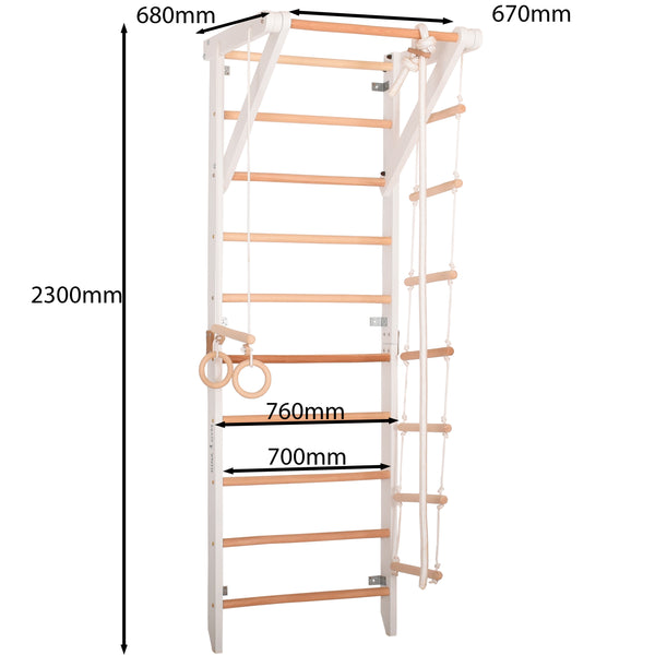 Mur d’escalade pour enfants et adultes – Appareil de motricité intérieur en bois avec barre de traction, anneaux de gymnastique, corde d’escalade et rampe d’escalade – RINAGYM – Couleur blanche