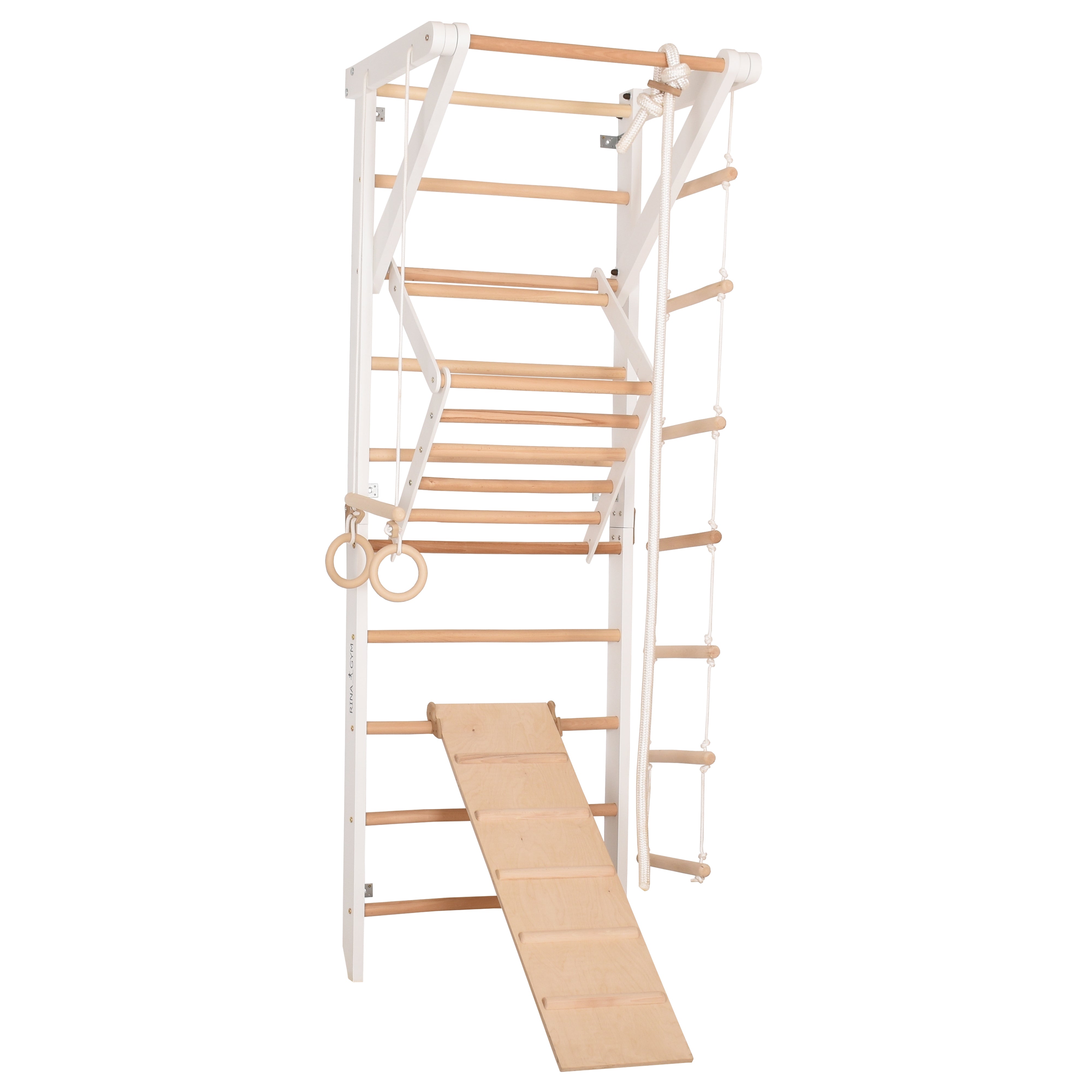 RINAGYM Terrain de Gymnastique Enfants - Jungle de Jeu Intérieur et Extérieur en Bois - Mur et Barres de Singe, Anneaux, Corde, Poutre, Échelle Suédoise, Balançoire, Toboggan - À Partir de 2 Ans (Sport 3 white)