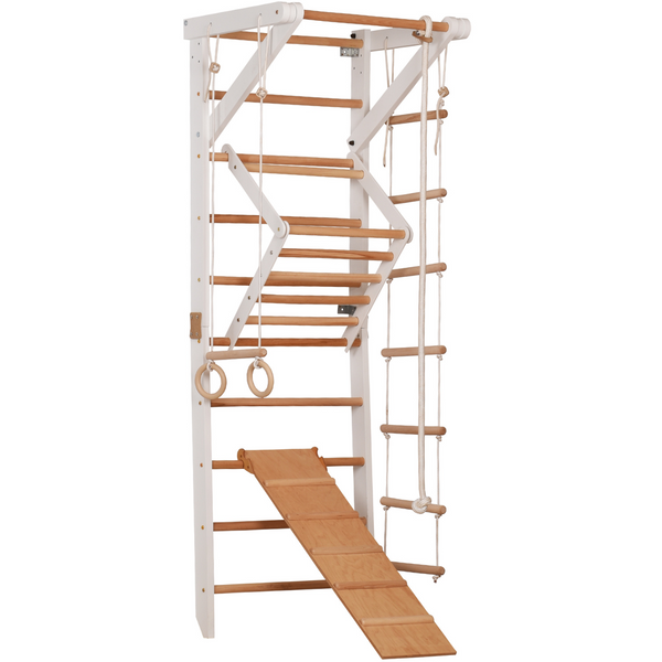 Kletterwand für die ganze Familie – Klettergerüst Indoor aus Holz mit Wand-Reck, Stange, Gymnastikringen, Kletterseil, schwedischer Leiter, höhenverstellbarer Klimmzugstange & beidseitiger Kletterrampe – Sport 3 weiße Farbe