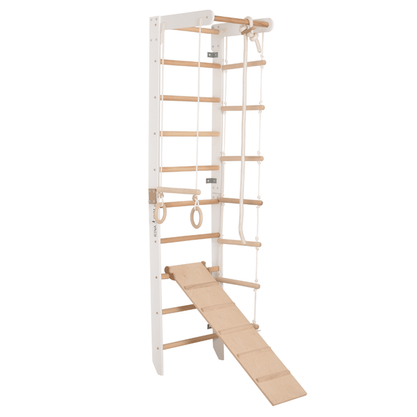 Sprossenwand für Heimtraining mit fixiertem Reck & Kletterbrett – Fitnessgerät für die ganze Familie – Kompakt & vielseitig (SPR B+slide white)