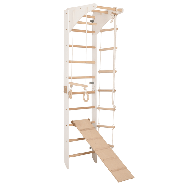 Sprossenwand mit höhenverstellbarem Reck, Kletterseil, Ringen und beidseitigem Kletterbrett – Kompakter Indoor-Fitnesspark für die ganze Familie (SPR C+slide white)