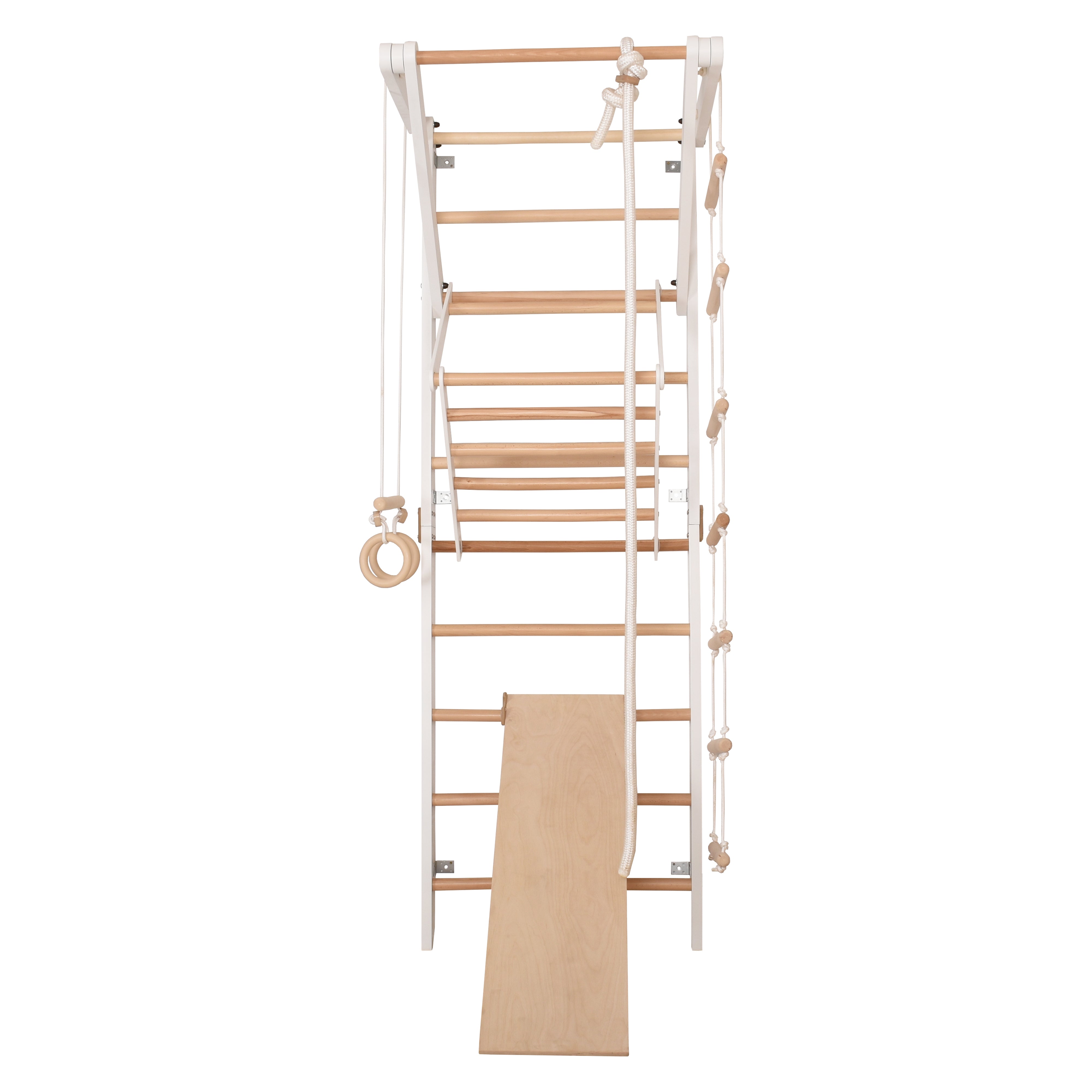 RINAGYM Terrain de Gymnastique Enfants - Jungle de Jeu Intérieur et Extérieur en Bois - Mur et Barres de Singe, Anneaux, Corde, Poutre, Échelle Suédoise, Balançoire, Toboggan - À Partir de 2 Ans (Sport 3 white)