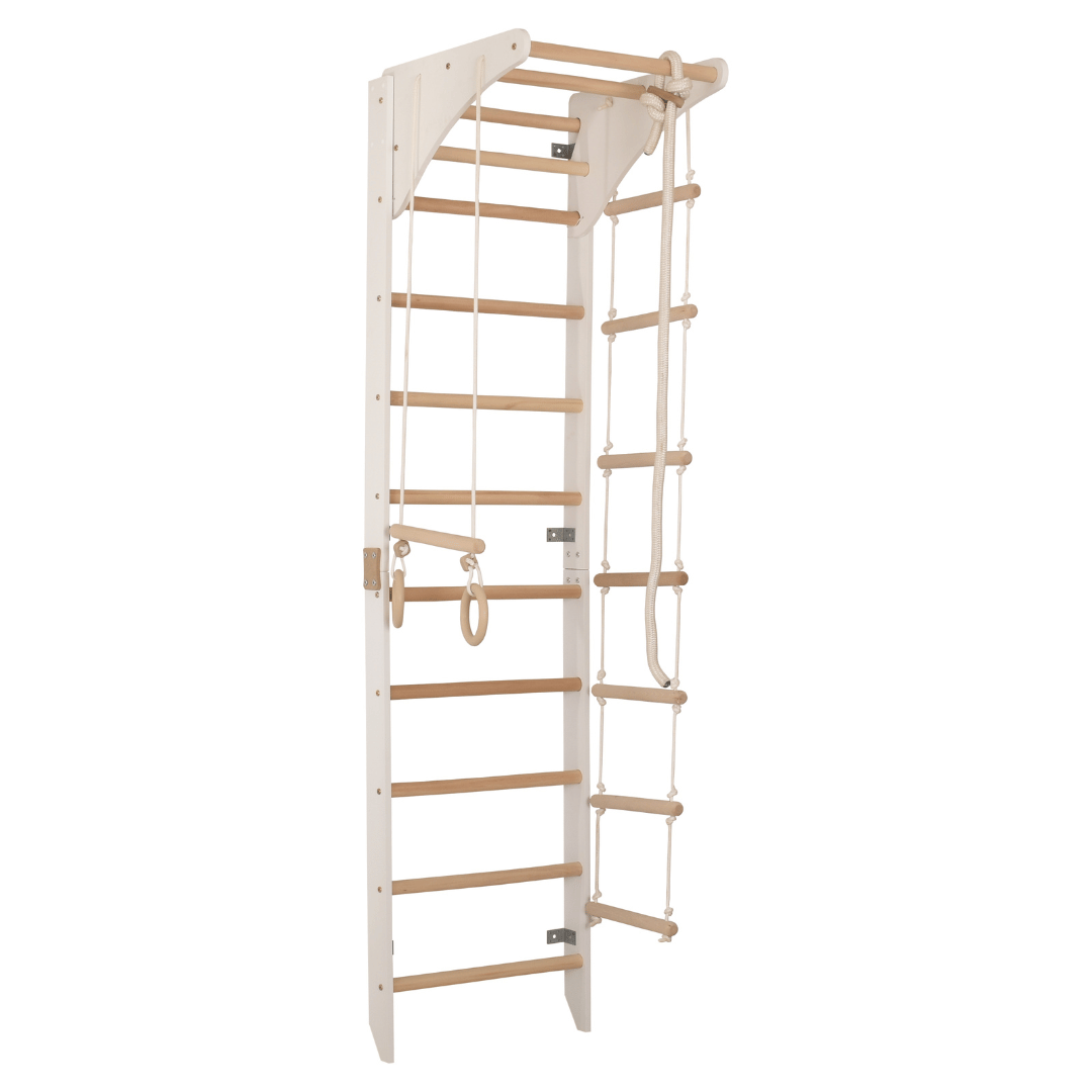 Sprossenwand mit höhenverstellbarem Reck, Kletterseil, Ringen & Seilleiter – Kompaktes Indoor-Fitnessgerät für die ganze Familie (SPR C white)