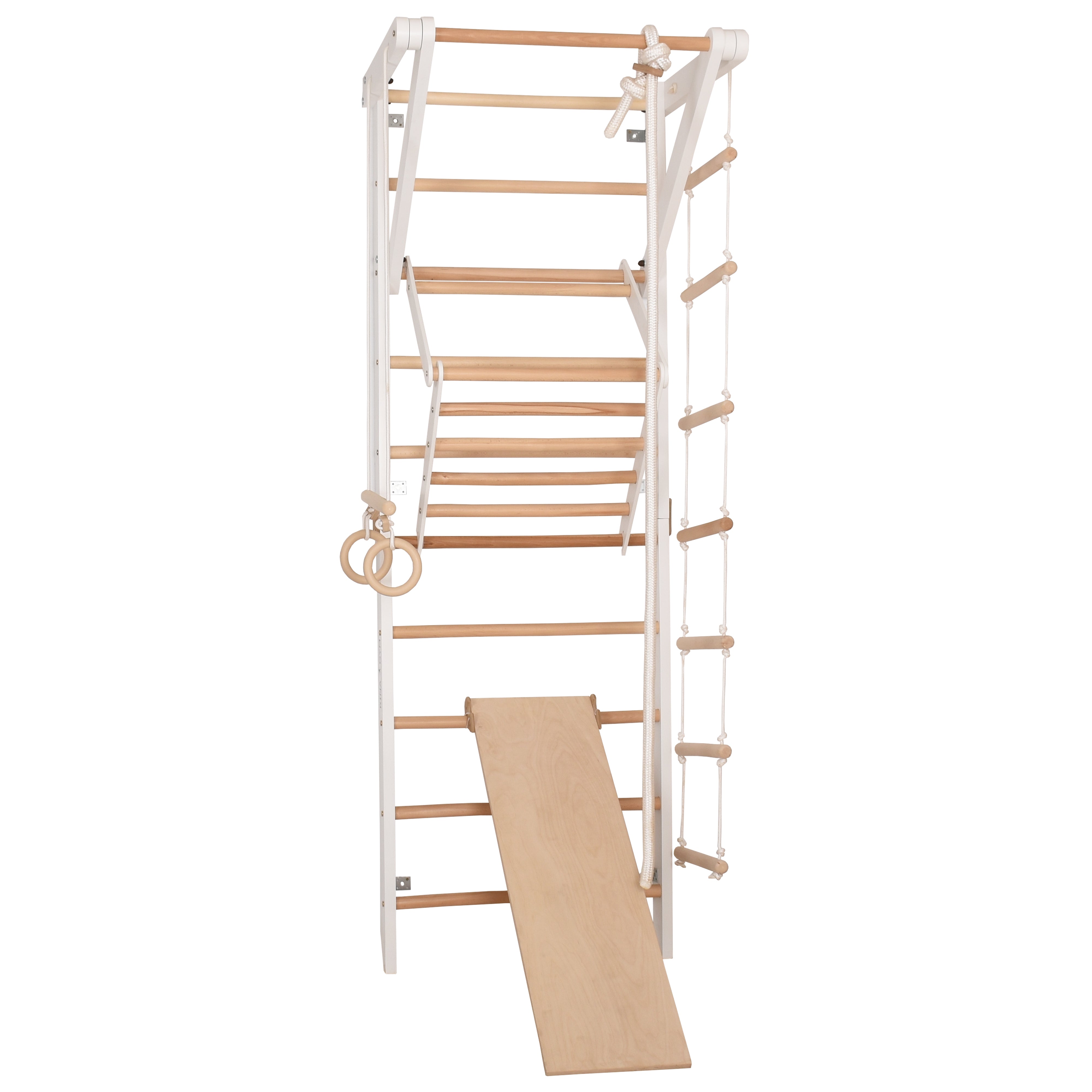 RINAGYM Terrain de Gymnastique Enfants - Jungle de Jeu Intérieur et Extérieur en Bois - Mur et Barres de Singe, Anneaux, Corde, Poutre, Échelle Suédoise, Balançoire, Toboggan - À Partir de 2 Ans (Sport 3 white)