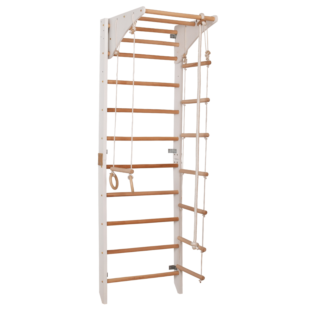 Kletterwand für Kinder und Erwachsene mit höhenverstellbarem Reck-Indoor Klettergerüst aus Holz - Wand-Reck, Stange, Gymnastik-Ringe, Kletterseil - Kombi 2 weiße Farbe
